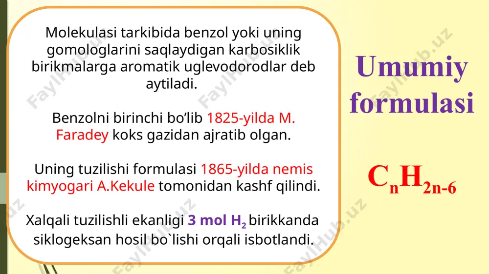 kimyoviy xossalari s t i r o l stirol butadiyen bilan sopolimerlanish reaksiyasida qatnashib butadiyen stirol kauchugini xosil qiladi. p o l i s t i r o l o'rinbosarlar yo'naltiruvchanlik xususiyatiga qarab ikki turga bo'linadi: orto-para- oriyentatlar -oh, -nh2, -nhr, -nr2, -or, -r, -sh, -sr, -nhcor, -ci meta- oriyentatlar -n02, -s03h, -chcl2, -cho, -cooh, -coor,-cn bu ikki tur o'rinbosarlardan foydalanib, nitroxlorbenzolning uchta izomerini hosil qilish mumkin: geksaxlorbenzol c6cl6 bilan g’alla urug’larini qattiq qorakuya kasalligiga qarshi dorilanadi. c4cl6 geksaxlorbutadiyen – 1,3 toklardagi filloksera (kuya) kasalligiga qarshi kurashda qo’llaniladi. c6h6cl6 geksaxlorsiklogeksan ( geksaxloran ) – insektitsid sifatida zararkunanda hashoratlarga qarshi ishlatiladi. i s h l a t i l i s h i p e s t i t s i d l a r lotincha pestis – maraz, zararli mikrob va cedo – o’ldiraman degan ma’noni anglatadi. pestitsidlarga quyidagilar kiradi: insektitsid - zararli hashoratlarga qarshi ishlatiladi akaritsid - kapalaklarga qarshi …