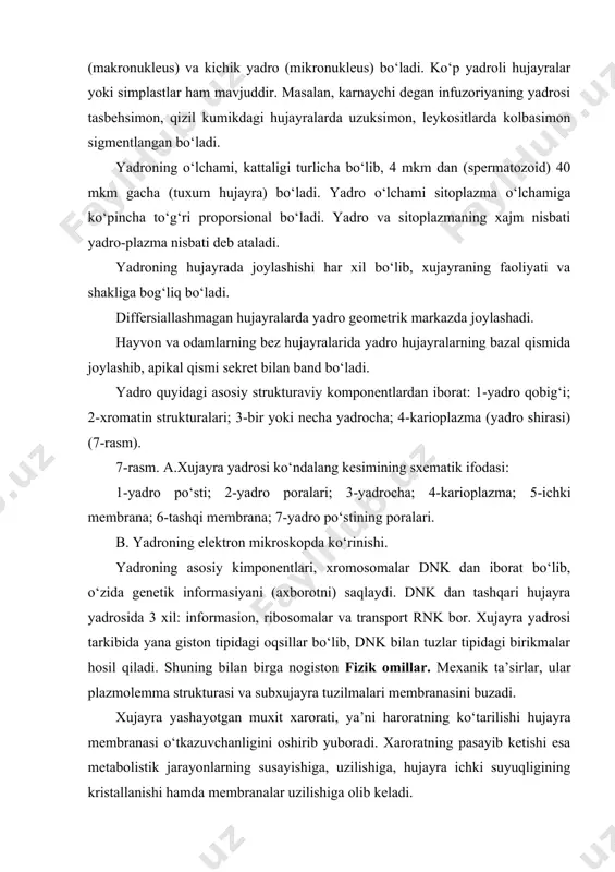 yra yashayotgan muxit xarorati, ya’ni haroratning ko‘tarilishi hujayra membranasi o‘tkazuvchanligini oshirib yuboradi. xaroratning pasayib ketishi esa metabolistik jarayonlarning susayishiga, uzilishiga, hujayra ichki suyuqligining kristallanishi hamda membranalar uzilishiga olib keladi. xujayrada osmotik bosimning o‘zgarishi, unda chala parchalangan organik moddala va ionlar to‘planishining natijasidir. buning oqibatida hujayra bilan uning atrofidagi muhit o‘rtasidagi osmotik gradiyent nisbati buziladi va suyuqlik hujayraga ko‘p kirib, hujayra bo‘kib shishadi va plazmolemma yoriladi. xujayra ichidagi osmotik bosimning pasayishi natijasida esa hujayra suvsizlanib, burishib qoladi (piknoz) va nihoyat halok bo‘ladi: ionlovchi radiosiya ta’sirida erkin radikallar paydo bo‘lib, ularda o‘ta oksidlanih jarayonlari kuchayadi, bundan hosil bo‘lgan mahsulotlar esa membranalarni shikastlab, fermentlarni denaturasiyaga uchratadi. 2. kimyoviy omillar. ularga asosan turli ekzogen omillar, ya’ni organik va anorganik kislotalar, asoslar, og‘ir metall tuzlari va buzilgan metabolizm mahsulotlari (endogen omillar) va boshqalar kiradi. ularning patologik mexanizmi o‘ziga hos bo‘lib, ya’ni kimyoviy tuzilishi bilan belgilanadi, masalan, dori moddalarni noto‘g‘ri ishlatish ham xujayraning kimyoviy shikastlanishiga olib …