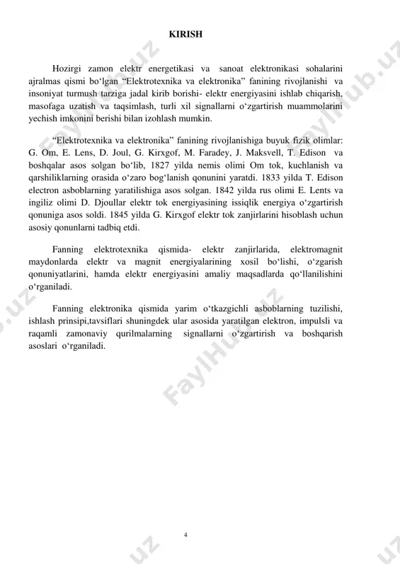 mumkin. “elektrotexnika va elektronika” fanining rivojlanishiga buyuk fizik olimlar: g. om, e. lens, d. joul, g. kirxgof, m. faradey, j. maksvell, t. edison va boshqalar asos solgan boʻlib, 1827 yilda nemis olimi om tok, kuchlanish va qarshiliklarning orasida oʻzaro bogʻlanish qonunini yaratdi. 1833 yilda t. edison electron asboblarning yaratilishiga asos solgan. 1842 yilda rus olimi e. lents va ingiliz olimi d. djoullar elektr tok energiyasining issiqlik energiya oʻzgartirish qonuniga asos soldi. 1845 yilda g. kirxgof elektr tok zanjirlarini hisoblash uchun asosiy qonunlarni tadbiq etdi. fanning elektrotexnika qismida- elektr zanjirlarida, elektromagnit maydonlarda elektr va magnit energiyalarining xosil bo‘lishi, o‘zgarish qonuniyatlarini, hamda elektr energiyasini amaliy maqsadlarda qo‘llanilishini o‘rganiladi. fanning elektronika qismida yarim o‘tkazgichli asboblarning tuzilishi, ishlash prinsipi,tavsiflari shuningdek ular asosida yaratilgan elektron, impulsli va raqamli zamonaviy qurilmalarning signallarni o‘zgartirish va boshqarish asoslari o‘rganiladi. 5 ma’ruzalar matni 6 1- maruza: o’zgarmas tok elektr zanjirlari reja: 1. elektr zаnjiri vа uning elementlаri; 2. elektr …