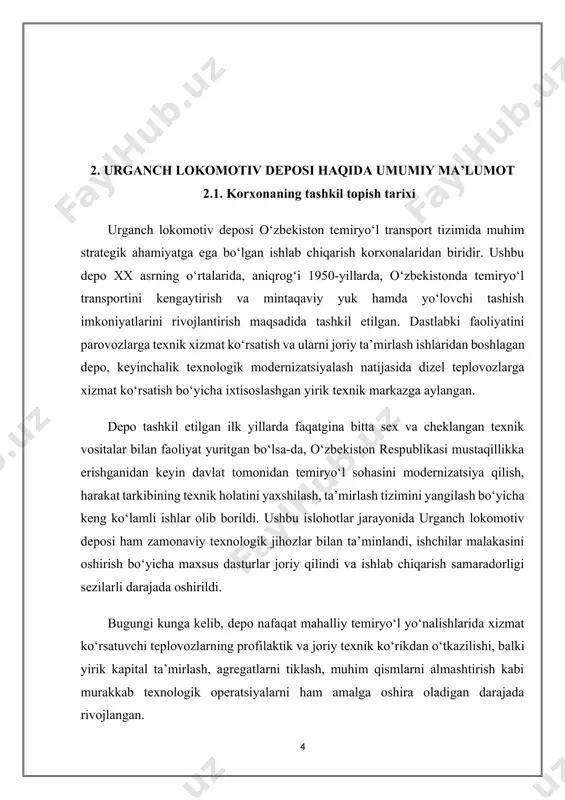 zlab lokomotivlar texnik ko‘rikdan o‘tkaziladi. xizmatlar tarkibiga quyidagilar kiradi: texnik nazorat, moylash, dvigatel, tormoz, boshqaruv tizimlarini tekshirish, xavfsizlik tizimlarini sinovdan o‘tkazish. bu amaliyotlar lokomotivlarning nosozliksiz ishlashini ta'minlaydi. 2. lokomotivlarni joriy va kapital ta’mirlash depoda yo‘lovchi va yuk tashish uchun mo‘ljallangan har xil rusumdagi teplovozlar hamda boshqa lokomotivlar joriy (tr-1, tr-2) va kapital (kr) ta’mirlashdan o‘tkaziladi. bu ishlar maxsus ustaxonalarda yuqori malakali ustalar tomonidan amalga oshiriladi. lokomotiv agregatlari, uzel va mexanizmlari to‘liq tekshirilib, zarur bo‘lsa yangisi bilan almashtiriladi. 3. lokomotivlarni saqlash va ekspluatatsion holatda tutish depoda ekspluatatsiya qilinayotgan lokomotivlar uchun maxsus yopiq saqlash joylari mavjud. bu yerda lokomotivlar ob-havo sharoitlaridan himoyalangan holda saqlanadi va har qanday vaqtda yo‘lga chiqishga tayyor holatda saqlanadi. shuningdek, maxsus qurilmalar yordamida energiya tizimlari, isitish tizimlari va boshqa texnik tizimlar doimiy nazoratda bo‘ladi. 4. energetik va ehtiyot qismlar bilan ta’minot korxona o‘zining ehtiyot qismlar zaxirasiga ega bo‘lib, lokomotivlar uchun zarur bo‘lgan butlovchi qismlar muntazam yangilanib boriladi. bundan …