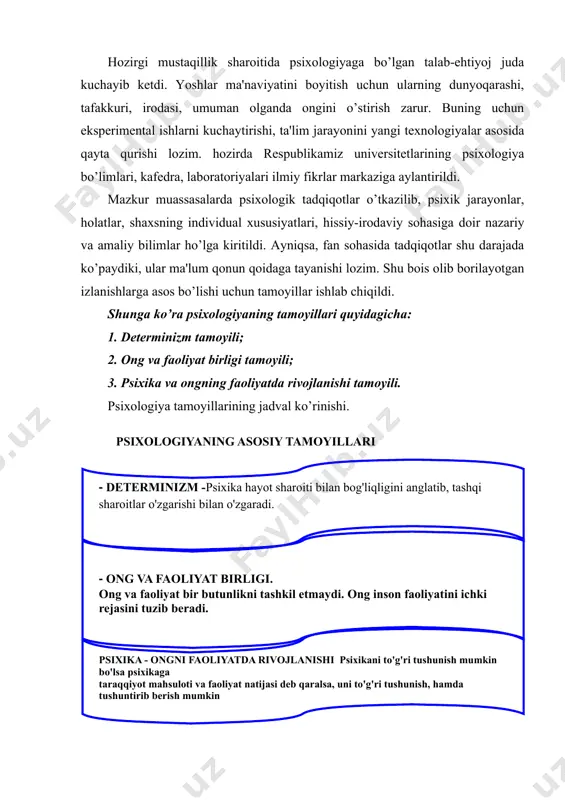 ichki psixologik mexanizm, ya'ni psixikani ob'ektiv qonuniyatlarini ochishga imkon beradi. psixika va ongning faoliyatda taraqqiy etish tamoyiliga ko’ra, psixikaga taraqqiyot mahsuloti va faoliyat natijasi deb qaralsa, uni to’g’ri tushunish hamda tushuntirib berish mumkin. bu tamoyil l.s.vigotskiy, s.l.rubinshteyn, v.m.teplov kabi psixologlar ishlarida o’z aksini topgan. l.s.vigotskiy ta'lim psixikani rivojlantirishga yo’naltirishini, p.p.blonskiy esa tafakkurning kichik maktab yoshida o’yinlar bilan o’spirinlik yoshida o’qish bilan bog’liq tarzda rivojlanishini tahlil qildi. s.l.rubinshteyn "ong faoliyatda paydo bo’lib, faoliyatda shakllanadi" degan edi. hozirgi zamon psixologiyasining ilmiy tadqiqot metodlari malumki, har qanday fan o’z predmetiga ega. psixologiyaning predmeti psixika bo’lib, u obektiv olamni psixik hodisalar asosida aks ettirib, yuzaga kelgan va shakllangan obraz subekt faoliyatini, xulq-atvorini maqsad sari yo’naltiradi. bundan tashqari har qanday fan qandaydir hodisa qonuniyatlarini bilish uchun malum bir metodlardan foydalanadi. i.p.pavlov "metodning qo’lida tadqiqot taqdiri yotadi" degan edi. metodlar tizimi fanning umumiy metodologiyasiga birlashadi. metodologiyani keng manoda oladigan bo’lsak, u malum tizimga ega bo’lgan va …