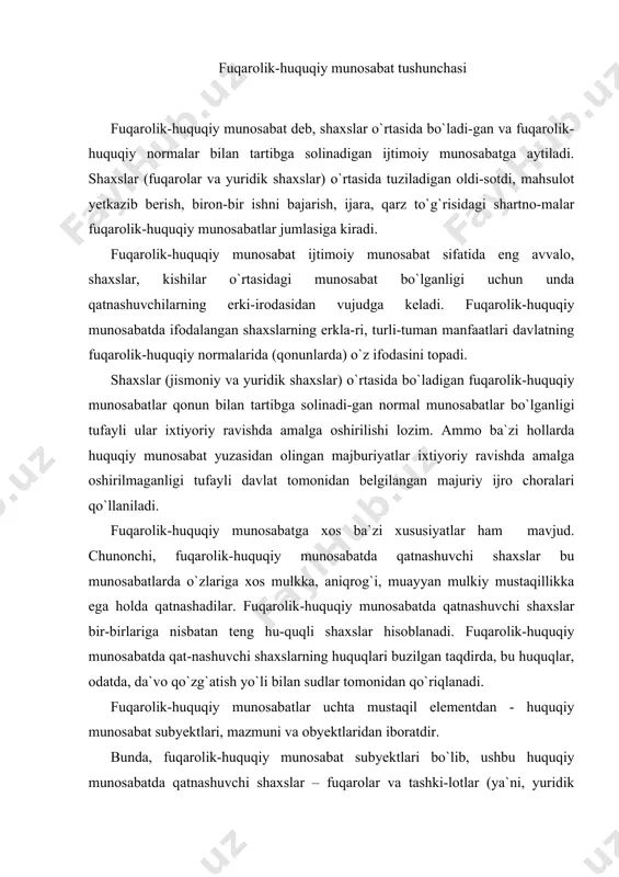 ementdan - huquqiy munosabat subyektlari, mazmuni va obyektlaridan iboratdir. bunda, fuqarolik-huquqiy munosabat subyektlari bo`lib, ushbu huquqiy munosabatda qatnashuvchi shaxslar – fuqarolar va tashki-lotlar (ya`ni, yuridik shaxs huquqiga ega bo`lgan korxonalar) hisob-lanadi. davlat ham fuqarolik-huquqiy munosabat subyekti bo`lishi mumkin. fuqarolik-huquqiy munosabatda qatnashuvchi shaxslar fuqaro-lik huquq layoqatiga, ya`ni fuqarolik huquqlari va burchlariga ega bo`lish layoqatiga molik bo`lishlari lozim. fuqarolik-huquqiy munosabatning mazmunini shu munosabatda qatnashuvchi shaxslarning subyektiv huquqlari va burchlari tashkil etadi. ba`zi mualliflar fuqarolik-huquqiy munosabatning mazmu-nini bunday munosabat qatnashchilarining o`z subyektiv huquq va majburiyatlariga muvofiq amalga oshiradigan o`zaro harakatlari tashkil etadi, subyektiv huquqlar va burchlar esa huquqiy munosabatning huquqiy shaklidir, deb hisoblaydilar[28]. subyektiv huquq deyilganda, muayyan huquqiy munosabatda qatnashuvchi shaxsga tegishli huquq tushuniladi. subyektiv huquqlar obyektiv huquq normalari, ya`ni davlat tomonidan belgilangan umumiy qoidalar asosida vujudga keladi va ularga muvofiq ravishda amalga oshiriladi[29]. fuqarolik-huquqiy munosabat ishti-rokchilarining huquqlari odatda obyektiv huquq (davlat tomonidan o`rnatiladigan va belgilab qo`yiladigan huquqlar) normalaridan kelib chiqadi. ushbu huquqqa …