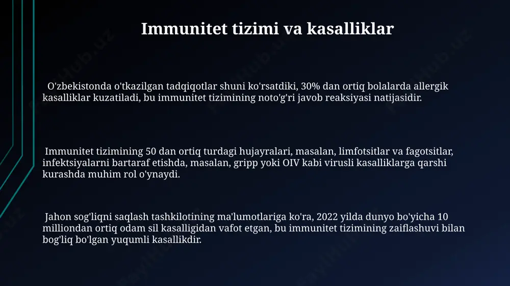 larda kamida 3 million odamni qamrab olgan malyariya kabi yuqumli kasalliklarning tabiiy ravishda paydo bo'lish holatlari ham mavjud bo'lib, ularning tarqalishida iqlim o'zgarishi muhim rol o'ynaydi. genetik omillar o'zbekistonda o'tkazilgan tadqiqotlar shuni ko'rsatdiki, 5000 dan ortiq genetik kasalliklarning 20% ga yaqini tug'ma nuqsonlar bilan bog'liq bo'lib, ularning aksariyati samarqand viloyatida kuzatiladi. genetik omillarga bog'liq bo'lgan yurak-qon tomir kasalliklari, masalan, gipertoniya, o'zbekiston aholisining 15% da uchraydi va 40 yoshdan oshgan erkaklar orasida ko'proq tarqalgan. xujayra darajasida dnkning 3 milliarddan ortiq nukleotidlar ketma-ketligidagi o'zgarishlar turli xil genetik kasalliklarga, shu jumladan, talassemiyaga olib kelishi mumkin, bu kasallik andijon viloyatida nisbatan yuqori darajada kuzatiladi. epidemiologiya va statistika o‘zbekistonda 2022-yilda qayd etilgan yuqumli kasalliklarning epidemiologik tahlili shuni ko‘rsatdiki, toshkent shahrida grippning tarqalish darajasi respublikaning boshqa hududlariga nisbatan 1,5 baravar yuqori bo‘lgan. samarqand viloyatida 5 yil davomida o‘tkazilgan epidemiologik kuzatuvlar natijasida, 30000 dan ortiq odamni qamrab olgan tadqiqotda, yurak-qon tomir kasalliklarining o‘limi soni 15% ga kamayganligi …