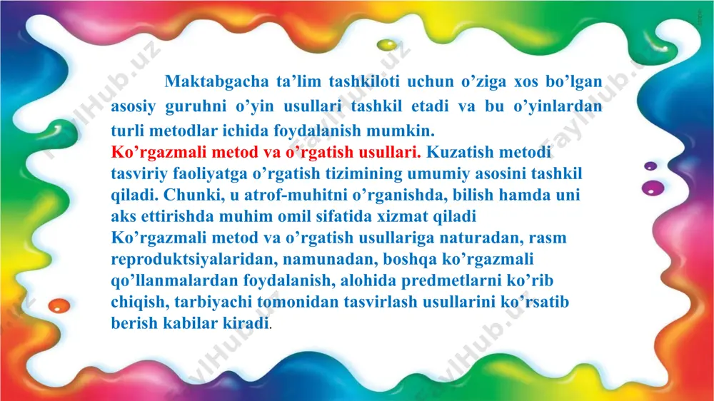 smni predmet tasviri sifatida tushunib yetadilar. lekin rasmdagi qahramonlarning o’rtasidagi bog’liqlikni, ya’ni harakatlarni tushunish kechroq, 4-5 yoshlarda yuzaga keladi. masalan: 2 yoshli bola rasmdagi hayvonlarni «turibdi» deydi, 4-5 yoshligisi esa «gapiryapti», «yuryapti», «kelyapti» va hokazo deydi. tarbiyachi tasvirlash vositalarini ko’rsatib berishi ko’rgazmali amaliy usul bo’lib, bu usul bolalarni kerakli shaklni aniq tajriba asosida ongli ravishda chizishga o’rgatadi. ko’rsatma 2 xil turda bo’ladi: imo-ishora bilan ko’rsatish; chizish usuli bilan ko’rsatish. har ikkala turda ham ko’rsatma og’zaki tushuntirish yo’li bilan olib boriladi. imo-ishora bilan predmetning qog’ozda joylashishi tushuntiriladi. qo’lning yoki qalamchaning qog’oz bo’ylab harakatni, hatto 3- 4 yoshli bolalar uchun yetarli bo’ladi. bolalar ishlarini tahlil qilish. bolalar o’zlari bajargan yoki do’stlari bajargan ishni mustaqil ravishda tahlil qilib, baho berishlari 5 yoshga borib to’la shakllanadi. kichik guruhda tarbiyachi bolalarning ishlarini baholayotganda tahlil qilmaydi, balki 4-5 yaxshi bajarilgan ishlarni bolalarga ko’rsatadi o’rta va katta guruhlarda tarbiyachi bolalarning ishlarini ko’rsatadi va kamchiliklarini aytib o’tadi. bolalar …