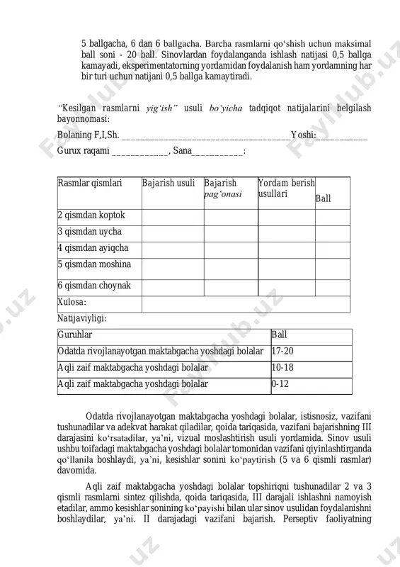 n 5 ballgacha, 6 dan 6 ballgacha. barcha rasmlarni qo‘shish uchun maksimal ball soni - 20 ball. sinovlardan foydalanganda ishlash natijasi 0,5 ballga kamayadi, eksperimentatorning yordamidan foydalanish ham yordamning har bir turi uchun natijani 0,5 ballga kamaytiradi. “kesilgan rasmlarni yig‘ish” usuli bo‘yicha tadqiqot natijalarini belgilash bayonnomasi: bolaning f,i,sh. ____________________________________yoshi:___________ gurux raqami ____________, sana___________: rasmlar qismlari bajarish usuli bajarish pag‘onasi yordam berish usullari ball 2 qismdan koptok 3 qismdan uycha 4 qismdan ayiqcha 5 qismdan moshina 6 qismdan choynak xulosa: natijaviyligi: guruhlar ball odatda rivojlanayotgan maktabgacha yoshdagi bolalar 17-20 aqli zaif maktabgacha yoshdagi bolalar 10-18 aqli zaif maktabgacha yoshdagi bolalar 0-12 odatda rivojlanayotgan maktabgacha yoshdagi bolalar, istisnosiz, vazifani tushunadilar va adekvat harakat qiladilar, qoida tariqasida, vazifani bajarishning iii darajasini ko‘rsatadilar, ya’ni, vizual moslashtirish usuli yordamida. sinov usuli ushbu toifadagi maktabgacha yoshdagi bolalar tomonidan vazifani qiyinlashtirganda qo‘llanila boshlaydi, ya’ni, kesishlar sonini ko‘paytirish (5 va 6 qismli rasmlar) davomida. aqli zaif maktabgacha yoshdagi …