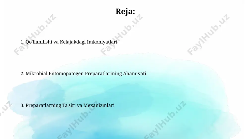 unanda turi, harorat, namlik kabi ekologik omillarga, shuningdek preparat kontsentratsiyasiga bog'liq bo'lib, 90% gacha samaradorlikka erishish mumkin. tajribalar ko'rsatdiki, ayrim entomopatogen preparatlar zararkunandalar populyatsiyasini 70% gacha kamaytirishi mumkin, bu esa kimyoviy vositalarga nisbatan ekologik tozaroq hisoblanadi. entomopatogen mikroorganizmlar haqida umumiy ma'lumot entomopatogen preparatlarning samaradorligi atrof-muhit sharoiti, hashorat turlarining o'ziga xosligi va qo'llanilgan preparatning kontsentratsiyasi kabi omillarga bog'liq bo'lib, 90% gacha o'limga olib kelishi mumkin. ushbu mikroorganizmlar hashoratlarga turli xil mexanizmlar orqali ta'sir qiladi: ba'zilari toksinlar ajratib, boshqalari esa hashoratlarning ichki organlarida rivojlanib, o'limiga sabab bo'ladi. preparatlarning tayyorlanishi va qo'llanilishi preparatlarning samaradorligi qo'llanilish usuliga bog'liq bo'lib, 107-108 cfu/ml konsentratsiyada 2-3 marta qo'llanilishi tavsiya etiladi. biopreparatlarning saqlash muddati 2-5°c da 6 oyni tashkil etadi, 25°c da esa samaradorligi 2 haftadan keyin pasayadi. e'tiboringiz uchun rahmat @taqdimot_robot image2.jpg image3.jpg image4.jpg image5.jpg image6.jpg image7.jpg image8.jpg image1.png