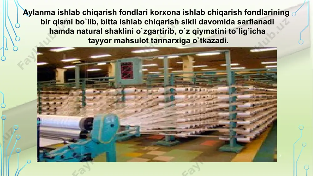 arilayotgan, lekin kelajakdagi mahsulotlarga mansub bo`lgan yangi turdagi mahsulotlarni tayyorlash va o`zlashtirish xarajatlari (masalan, asbob-uskunalarni qayta rejalashtirish, mahsulotlarning yangi turlarini tayyorlash va loyihalashtirishga sarflanuvchi xarajatlar vа boshqalar). 14 aylanma mablag’lar aylanma fondlar muomala fondlari ishlab chiqarish jamg’armasi tugallanmagan ishlab chiqarish kelgusi davr xarajatlari ombordagi tayyor mahsulot jo‘natishga yuklangan mahsulot hisob raqamidagi pul mablag‘lari me’yorlashtiriladigan aylanma mablag’lar me’yorlashtirilmaydigan aylanma mablag’lar sanoat korxonalari asosiy ishlab chiqarish fondlari ko’rinishli turkumlanishi binolar, inshootlar uzatish qurilmalari mashinalar va jihozlar transport vositalari asboblar va moslamalar laboratoriya jihozlari amortizasiya amortizasiya - bu, mahsulot harajatlariga qo’shish yili bilan pulni qoplash. demak, amortizasiya asosiy fondlarni jismoniy va ma'naviy eskirishining pulda ifodalanganligidir. umuman ishdan chiqqanida to’la almashtirish maqsadida qilinadi. amortizasion ajratmalar summasi asosiy fondlar qiymatiga, ulardan foydalanish vaqtiga, modernizasiya harajatlariga bog’liq. asosiy ishlab chiqarish fondlari ishlatish jarayonida eskiradi. ular eskirishning ikki xili mavjud: -jismoniy -ma'naviy. jismoniy eskirish - asosiy fondlarning o’z boshlang’ich narxlarini asta-sekin yo’qotishi tushuniladi. ma'naviy eskirish ma'naviy eskirish …