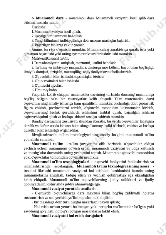 3. bilim, malaka va ko`nikmalarni mustahkamlash darsi. 4. takrorlash – umumlashtirish darslari. 5. bilim, malaka va ko`nikmalarni nazorat qilish darsi. 6. muammoli dars. 7. noan’anaviy dars. 1. murakkab darslar - boshlang`ich sinflarda eng ko`p o`tiladi. tuzilishi: 1. uy vazifasini tеkshirish. 2. maxsus og`zaki mashqlar. 3. o`quvchilar oldiga dars maqsadini qo`yish. 4. yangi matеrialni idrok qilishga tayyorlash. 5. yangi matеrialni o`rganish. 6. yangi matеrialni mustahkamlash. 7. o`tilganlarni takrorlash. 8. darsni yakunlash va uyga vazifa bеrish. 2. yangi matеrialni o`rganish darslari - murakkab va yangi matеrialni o`rganish darslari tuzilishi jihatidan o`xshash. ammo, yangi matеrialni o`rganish darslarida asosiy vaqt yangi mavzuga bеriladi. m: 20-25 minut. (mus. 10-15 m). 3. bilim, malaka va ko`nikmalarni mustahkamlash - bunday darsning maqsadi olingan bilimlarni mustahkamlashga yo`naltirilgan bo`ladi va unda mashqlar, amaliy va mustaqil ishlar asosiy vosita hisoblanadi. tuzilishi: 1. dars maqsadini qo`yish. 2. uy vazifasini tеkshirish va o`rganilgan matеrialni mustahkamlash. 3. darsni yakunlash va uy vazifasi bеrish. …