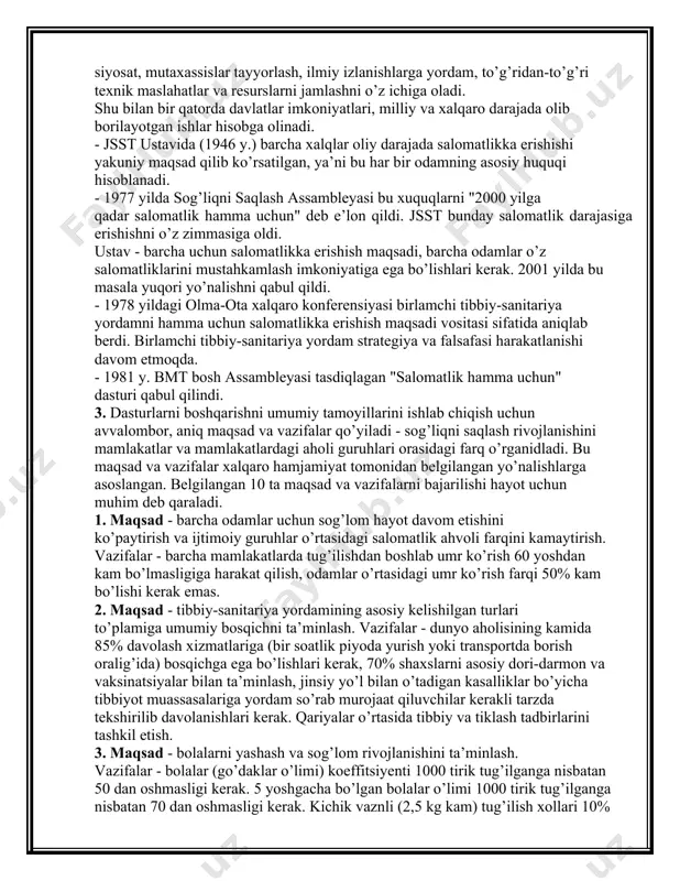 o’qqizinchi dastur asosiy dasturlardan biri va uning 2 vazifasi mavjud: 1) 1977-2000 yillarga butunjahon harakati siyosatini aniqlash; 2) jsstning shu davrlar uchun dasturini ishlab chiqish. ishlab chiqilgan dasturlardagi asosiy kuch muhtoj mamlakatlarni qo’llab- quvvatlashga qaratilgan. shu sababli, dastur 3 bobga bo’lingan: 1- sog’liqni saqlash sohasi ahvoli va tendensiyasi; 2- umumsiyosiy va jsst dasturlari doiralari; 3- dasturlar boshqaruvining umumiy tamoyillari. 1. "sog’liqni saqlash sohasi ahvoli va tendensiyasi"ning birinchi bobida ta’kidlanishicha, jahon xalqlari salomatligi ahvoli, aholini sog’liqni saqlash xizmatlari tomonidan qamrab olinishi yaxshilandi, biroq barcha insonlar ulardan teng foydalana olmaydilar. tibbiy yordam oluvchi va ko’rsatuvchi shaxslar orasida yetarlicha hamkorlik yo’q. sog’liqni saqlash rivojlanishi hamma yerda va har doim salomatlik yaxshilanishiga yordam bermaydi, shuning uchun atrof-muhit sog’lomlanishiga e’tibor qaratish zarur, faqat tibbiy yordam ko’rsatish emas, ko’proq salomatlikni mustahkamlash va qo’riqlash lozim. dastur ijrosi uchun bor resurslardan foydalanish, tibbiy-sanitar yordamni haqqoniy ta’minlashga ko’proq e’tibor berish maqsadga muvofiq bo’lar edi. ko’plab mamlakatlarda sog’liqni saqlash muammolari …