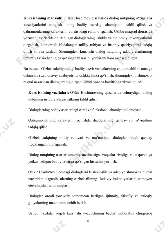 iyatini, adabiyotshunoslik va tilshunoslik nuqtai nazaridan uning o‘rni va funksiyasini tahlil qilish kurs ishining predmeti sifatida belgilangan. kurs ishining metadologik asosi: kurs ishining predmeti oʻtkir hoshimovning qissalaridagi dialog nutqining tahlili bo‘ladi. bu tahlil, asarlaridagi dialoglarning badiiy funksiyalari, ular orqali qahramonlarning xarakterini ochish, voqealar rivojini ko‘rsatish va o‘quvchiga taʼsir qilishda qanday rol o‘ynashini o‘rganishdan iborat. shuningdek, dialoglarning milliy til, madaniyat va maʼnaviyatni ifodalashdagi ahamiyatini, adabiyotshunoslik va tilshunoslik nuqtai nazaridan uning o‘rni va funksiyasini tahlil qilish kurs ishining predmeti sifatida belgilangan. kurs ishining amaliy ahamiyati: kurs ishining amaliy ahamiyati, oʻtkir hoshimovning qissalaridagi dialog nutqini o‘rganish orqali, adabiyotshunoslik va tilshunoslik sohalarida yangi yondoshuvlarni yaratishga xizmat qiladi. ushbu ishning amaliy foydalari quyidagicha bo‘lishi mumkin: adabiyotshunoslik tadqiqotlari: oʻtkir hoshimovning asarlaridagi dialoglarni tahlil qilish, adabiyotshunoslar uchun o‘zbek adabiyotining badiiy uslublarini, tilni va tematikalarni chuqurroq tushunishga yordam beradi. bu ish yozuvchining badiiy mahoratini o‘rganishga hissa qo‘shadi va uning asarlarining umumiy qiymatini oshiradi. tilshunoslik: oʻtkir hoshimovning dialog nutqlari …