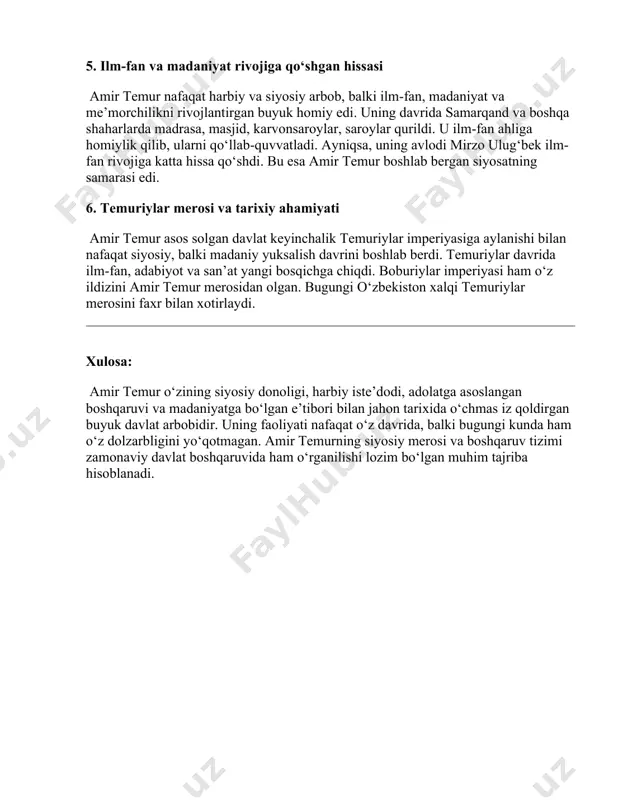 n. u o‘z davlatida tartib va qonun ustuvorligini ta’minlab, aholi orasida tinchlik va barqarorlikni saqlashga harakat qilgan. har bir viloyatda javobgar amaldorlar tayinlanib, ularning faoliyati ustidan nazorat o‘rnatilgan. 5. ilm-fan va madaniyat rivojiga qo‘shgan hissasi amir temur nafaqat harbiy va siyosiy arbob, balki ilm-fan, madaniyat va me’morchilikni rivojlantirgan buyuk homiy edi. uning davrida samarqand va boshqa shaharlarda madrasa, masjid, karvonsaroylar, saroylar qurildi. u ilm-fan ahliga homiylik qilib, ularni qo‘llab-quvvatladi. ayniqsa, uning avlodi mirzo ulug‘bek ilm-fan rivojiga katta hissa qo‘shdi. bu esa amir temur boshlab bergan siyosatning samarasi edi. 6. temuriylar merosi va tarixiy ahamiyati amir temur asos solgan davlat keyinchalik temuriylar imperiyasiga aylanishi bilan nafaqat siyosiy, balki madaniy yuksalish davrini boshlab berdi. temuriylar davrida ilm-fan, adabiyot va san’at yangi bosqichga chiqdi. boburiylar imperiyasi ham o‘z ildizini amir temur merosidan olgan. bugungi o‘zbekiston xalqi temuriylar merosini faxr bilan xotirlaydi. xulosa: amir temur o‘zining siyosiy donoligi, harbiy iste’dodi, adolatga asoslangan boshqaruvi va …