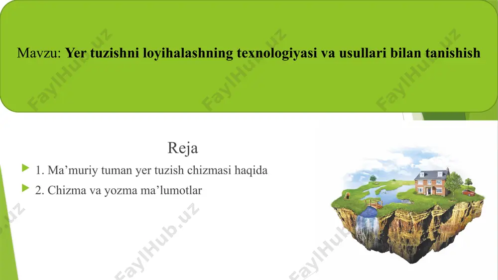’llarini aniqlaydi. u tuman agrosanoat majmuasi va boshqa tarmoqlarini, yer egaliklari va yerdan foydalanuvchilar tizimini rivojlanishtirishning asosiy yo’llarini ko’rsatib beradi. tuman yer tuzish chizmasida quyidagi masalalar o’z yechimini topadi: — kelajakda tuman xo’jaligi tarmoqlarining rivojlanishini hisobga olgan holda, ularning yer resurslariga bo’lgan talablarini asoslash; — qishloq xo’jaligida va boshqa tarmoqlarda foydalanish uchun yaroqli yerlarni aniqlash va ularni o’zlashtirish navbatlarini belgilash; — yerlarni tarmoqlar orasida taqsimlash, yer egaliklari va yerdan foydalanish tizimini takomillashtirish va ular yerlaridagi kamchiliklarni tugatish; — yer resurslaridan intensiv foydalanish va qishloq xo’jalik yerlari unumdorligini oshirish yo’llarini belgilash; — xo’jalik markazlari, ishlab chiqarish va ijtimoiy infratizimlari tarmoqlarining kelajakdagi rivojlanishini va hududiy joylashuvini aniqlash; — qishloq xo’jalik mahsulotlarini ishlab chiqarishni ko’paytirish bo’yicha takliflar tayyorlash; — yerni va tabiatni muhofaza qilish bo’yicha tadbirlar ishlab chiqish; — belgilangan tadbirlarni amalga oshirish uchun zarur kapital mablag’lar, moddiy va mehnat resurslari miqdorini aniqlash va ularning iqtisodiy samaradorligini baholash. yer tuzish tizimi oldida turgan …