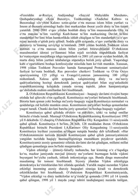 tilayotganini ko‘rsatmoqda. xususan, ma’lumotlarga ko‘ra, bizga qo‘shni bo‘lgan davlatlarda "bogorodichiy sentr", "serkov ob’edineniya", "serkov isusa", "serkov novogo zaveta", "beloe bratstvo", "bojestvennыy orden pervogo angela" kabi o‘nlab diniy sektalar noqonuniy ravishda faoliyat olib bormoqda. "satanizm" deb ataladigan sekta ham keng tarqalgan. ayrim ma’lumotlarga ko‘ra, o‘ta xavfli bo‘lgan bu sektaning rossiyada 100 ming, er yuzida 5 milliondan ortiq tarafdorlari bor. ular aholining diniy bilimlari pastligidan foydalanib, oxiratning yaqinligi bilan qo‘rqitish hamda asosan yoshlar va moddiy ahvoli nochor bo‘lganlar ichida ish olib borish yo‘li bilan o‘z tarafdorlarini ko‘paytirishga harakat qilmoqdalar. bunday sektalarga asos solgan "avliyo"lar o‘z izdoshlarini aldash yo‘li bilan ularning mol-mulklariga egalik qilishga urinmoqdalar. yashirin faoliyat olib borishi, sekta ichida bo‘layotgan voqealarning ko‘pchilikka ma’lum bo‘lib qolmasligining qattiq nazorat qilinishi, ular faoliyatidan jamoatchilikning bexabar qolishini keltirib chiqarmoqda. ugandadagi "oxirat kuni" sektasi boshliqlarining faoliyati bunga misol bo‘ladi. oxiratni 1999 yilning 31 dekabriga "belgilagan" ushbu sekta rahbarlari o‘z tarafdorlarini mol-mulklarini sotish, tushgan mablag‘ni ularga berishga …