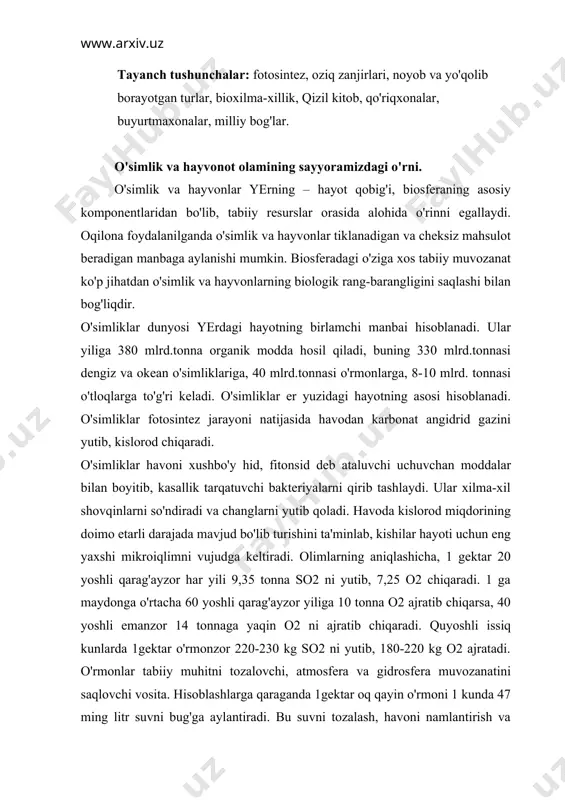 adi. quyoshli issiq kunlarda 1gektar o'rmonzor 220-230 kg so2 ni yutib, 180-220 kg o2 ajratadi. o'rmonlar tabiiy muhitni tozalovchi, atmosfera va gidrosfera muvozanatini saqlovchi vosita. hisoblashlarga qaraganda 1gektar oq qayin o'rmoni 1 kunda 47 ming litr suvni bug'ga aylantiradi. bu suvni tozalash, havoni namlantirish va yog'in yog'ishiga imkon yaratilishi demakdir. o'rmonlar o'ziga xos suv omborlaridir. shuningdek hayvonlar biologik resurslarning ajralmas bir qismi bo'lib, tabiatda modda va energiya almashinuvida ular muhim rol o'ynaydi. hayvonlar o'simliklar bilan uzviy aloqada bo'lib turadi. hayvonlar biosferaning eng asosiy qismi bo'lib, o'simliklar bilan birgalikda geografik qobiqda kimyoviy elementlarning migrasiyasida katta rol o'ynaydi. hayvonlar organik moddalardan quyosh energiyasi ta'sirida o'simliklar vujudga keltirgan tayyor organik mahsulotlarni iste'mol qiladi. bir-birlari va o'simliklardan oziqlangan hayvonlar biologik hamda sayyoramiz modda almashinuvida aktiv qatnashadi. dengizda bir va ko'p hujayrali hayvonlarning qattiq chig'anoqlaridan chiqindi jinslar (bo'r, ohaktosh) vujudga keladi. marjon poliplarning faoliyati natijasida okeanning sayyoz, iliq suvli katta hududlarida asosan tropik kengliklarida marjon …