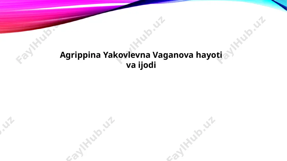 us baletining metodikasiga va o'qitish usullariga oid ko'p ma'lumotlar beradi. ushbu kitob vaganova tizimining prinsiplarini, o'zining pedagogika qarashlarini va baletni o'qitishda qo'llaniladigan amaliyotlarni ta'riflaydi. uning o'quv usullari jismoniy va ma'naviy tayyorgarlikni, qo'lga kiritish va dramatik ifodalashni o'z ichiga olgan edi. agrippina vaganova o'z ishlarida daima insoniyatga ehtirom bermish va o'quvchilarini taraqqiy etishga qaratilgan mutaxassislar bo'lib, ularning o'zlarini rivojlantirishiga juda katta e'tibor qaratgan. u dunyodagi baletning yangi bosqichlarga olib borilishi uchun rus baletining to'liq yozilgan tarixini o'z ichiga olgan biri sifatida tanilgan. vaganova o'z hayoti davomida ko'plab balet dramalari va spektakllarini rejissoralik qilgan va 1951 yilda vafot etganida, uning ismi rus baleti tarixida o'ziga xos o'rin egallagan. agrippina vaganova san'atini davom ettirish uchun yaratgan tizim, bugun ham dunyoda ko'plab baletshchilarga qo'llanilmoqda va uning xususiyatlari baletda muhim o'rin egallaydi. e’tiboringiz uchun rahmat image2.png image3.jpeg image4.jpeg image5.jpeg image6.jpeg image7.png image8.jpeg image9.jpeg image10.jpeg image1.png