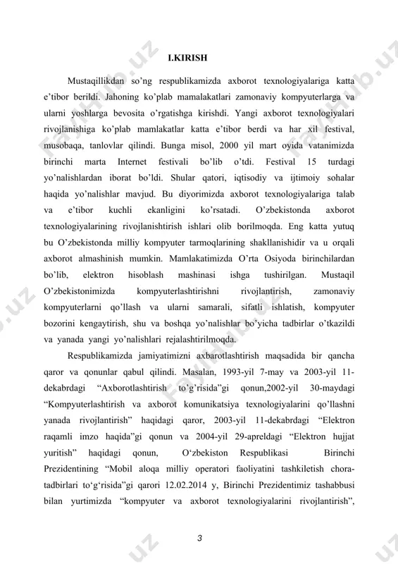erkinligi prinsiplari va kafolatlari to'g'risidagi qonun hujjatlari, axborot erkinligining asosiy prinsiplari axborotning ochiqligi va oshkoraligi, axborotni olish tartibi, shaxsning, jamiyatning, davlatning axborot borasidagi xavfsizligi, shu kabi bir qator moddalarni o’z ichiga olgan. inson uchun axborotlarni to’plashda uning barcha sezgi organlari xizmat qilsa, uzoq masofadagi axborotlarni to’plash uchun bu esa yetarli emas, buning uchun maxsus texnik vositalar talab qilinadi. bugungi kunda ya’ni axborot asri bo’lmish xxi asrda o’zbekiston respublikasining butun dunyo orasida o’z mavqei, obro’-e’tiborga ega ekanligi quvonarli holdir. ”informatika” fanlar ichida eng yoshi hisoblanadi. uni yanada rivojlantirish, kompyuter dasturlari bilan tanishish, o’sib kelayotgan yosh avlodni elektron-hisoblash mashinalari bilan tanishtirish, ularni o’rgatishni yangi bosqichlarini ishlab chiqish mamlakatimizning dolzarb va asosiy mavzusiga aylangan. maktab, kollej, litsey, institut, universitetlarni talabga javob beradigan kompyuterlar bilan ta’minlash, ularga eng zamonaviy kompyuterlarni va ular bilan ishlash o’rgatish, o’zbekistonni har jabhada jahonga ko’rsatish asosiy vazifadir. yangi iqtisodiy munosabatlarga o’tish davrida o’zining texnologik imkoniyatlarini rivojlantirish faqat zamonaviy axborot …
