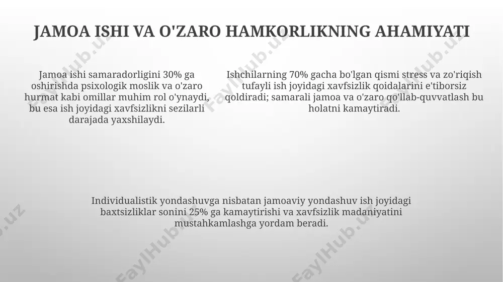 oni depressiya va tashvish kabi ruhiy kasalliklarga chalingan xodimlarning ishdagi e'tiborini jamlash qobiliyati pasayadi, bu esa baxtsiz hodisalar xavfini 30% ga oshiradi. ishchilarning yuqori stress darajasi (masalan, 70% dan yuqori) baxtsiz hodisalar sonining 2 baravar oshishi bilan bog'liq bo'lishi mumkin. ishchilarning yuqori stress darajasi (masalan, 70% dan yuqori) baxtsiz hodisalar sonining 2 baravar oshishi bilan bog'liq bo'lishi mumkin. psixologik omillar va ish xavfsizligi o'rtasidagi bog'liqlik ish joyidagi psixologik salomatlikni yaxshilash dasturlari ishchi xavfsizligini 20-30% ga oshirishi va ish bilan bog'liq jarohatlar sonini kamaytirishi mumkin. ishchilarning 70% gacha bo'lgan qismi ish joyidagi baxtsizliklarga psixologik stress, charchoq va e’tiborsizlik kabi omillar sabab bo'lishini ko'rsatadi. xavfsizlik qoidalarini buzishning 50% dan ortig'i, psixologik holatning yomonlashuvi, masalan, depressiya yoki tashvish bilan bog'liq bo'lishi mumkin. ishga bo'lgan qiziqish va motivatsiyaning ahamiyati ishga bo'lgan yuqori qiziqish 30% ga yaqin ishchi xatoliklarini kamaytirishi va unumdorlikni 15% ga oshirishi mumkin, chunki motivatsiyalangan xodimlar ehtiyotkorroq bo'ladilar. samarali motivatsion dasturlar, masalan, …