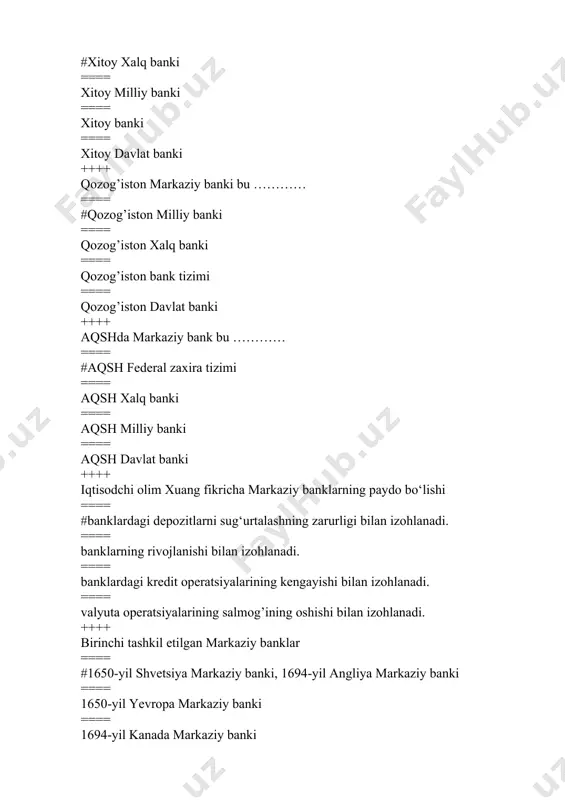 tlar turini to’liq sanab bering. ==== #ishlab chiqarish, savdo, sug‘urta faoliyati ==== qonunchilikda nazarda tutilgan ayrim moliyaviy operatsiyalar ==== bank bilan bog‘liq bo‘lmagan boshqa faoliyat bilan shug‘ullanishga haqli emas. ==== savdo faoliyati bilan shug‘ullanishga haqli emas. ++++ bank ustav fondi qanday manbalar hisobidan shakllantiriladi? ==== #bank muassislari va aksiyadorlari tomonidan to‘langan pul mablag‘lari, budjet mablag‘laridan foydalanish mumkin ==== xo‘jalik moliyasi va budjet hisobidan ==== aksiyadorlar tomonidan to‘langan pul mablag‘lari ==== bank mijozlarini banklar monopolizmidan himoyalash ++++ bank boshqaruvining qarori qanday shaklda qabul qilinadi? ==== #qaror ==== xulosa ==== nizom ==== qoida ++++ bank faoliyatini boshqarishdan maqsad nima? ==== #bank xavfsizligi, barqarorlik va raqobatbardoshlikni qo‘llab-quvvatlash ==== milliy valyuta kursini qo‘llab-quvvatlash ==== nazorat qilish ==== daromad olish ++++ bank faoliyatining subyektlari bo‘lib kimlar hisoblanadi? ==== #jami banklar ==== davlat banklari ==== markaziy banklar ==== aksioner banklar ++++ bank resurslari nimalardan tashkil topadi? ==== #o‘z mablag‘alari va jalb qilingan mablag‘alar ==== aholi omonatlari …