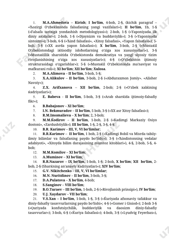 andi: 1. m.a.aћmedova – kirish; i bo‘lim, 4-bob, 2-§, (kichik paragraf – «ћozirgi o‘zbekistonda falsafaning yangi vazifalari»); ii bo‘lim, 1b, 1-§ («falsafa tarixiga yondashish metodologiyasi»); 2-bob, 1-§ («yaponiyada ilk diniy aќidalar»); 2-bob, 1-§ («djaynizm va buddaviylik»); 3-§ («yaponiyada sintoizm»); 3-bob, 6-§ («ћind falsafasi», «xitoy falsafasi», «yapon falsafasi»); 5-bob, 3-§ («xx asrda yapon falsafasi»); x bo‘lim, 3-bob, 2-§ («mustaќil o‘zbekistondagi iќtisodiy isloћotlarning o‘ziga xos xususiyatlari»), 3-§ («mustaќillik sharoitida o‘zbekistonda demokratiya va yangi siyosiy tizim rivojlanishining o‘ziga xos xususiyatlari»); 4-§ («o‘zbekiston ijtimoiy strukturasidagi o‘zgarishlar»); 5-§ («mustaќil o‘zbekistonda ma'naviyat va mafkurani roli»); xi bo‘lim; xii bo‘lim; xulosa. 2. m.a.alimova – ii bo‘lim, 3-bob, 5-§; 3. x.a.alikulov – ii bo‘lim, 3-bob, 2-§ («abduraxmon jomiy». «alisher navoiy»); 4. z.x. arifxanova – xii bo‘lim, 2-bob; 2-§ («o‘zbek xalќining ќadriyatlari»); 5. e. babeva - ii bo‘lim, 5-bob, 3-§ («arab sharќida ijtimoiy-falsafiy fikr»); 6. b.babajonov – xi bo‘lim; 7. i.n. bekmuradov – ii bo‘lim, 5 bob, 3-§ («xx …