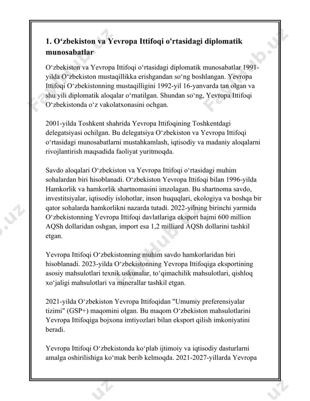 anmasida sezilarli hissasini qoʻshadi. 2022-yil ma'lumotlariga koʻra, germaniya oʻzbekistonning yevropadagi eng yirik savdo hamkorlaridan biri sifatida koʻrsatiladi. savdo aylanmasi hajmi qariyb 1 milliard aqsh dollariga yetgan. germaniyadan oʻzbekistonga asbob-uskunalar, kimyoviy mahsulotlar, va avtomobil qismlari import qilinadi. oʻzbekiston esa germaniyaga paxta, meva va sabzavotlar, va farmatsevtika mahsulotlarini eksport qiladi. fransiya bilan savdo-iqtisodiy hamkorlik ham ortib bormoqda. 2022-yilda fransiya bilan savdo aylanmasi 300 million aqsh dollaridan oshdi. fransiyaga asosan toʻqimachilik mahsulotlari va meva-sabzavotlar eksport qilinadi. import esa asosan texnologik asbob-uskunalar va kimyoviy vositalardan iborat. buyuk britaniya bilan oʻzbekiston oʻrtasidagi savdo aylanmasi 2022-yilda 200 million aqsh dollaridan oshdi. bu mamlakatdan oʻzbekistonga mashinasozlik mahsulotlari va texnologiyalar import qilinadi, eksport esa paxta va tayyor toʻqimachilik mahsulotlari hisoblanadi. italiya bilan 2022-yilda oʻzaro savdo aylanmasi hajmi 150 million aqsh dollardan oshdi. italiyaliklar oʻzbekistondan asosan paxta va toʻqimachilik mahsulotlarini sotib olishadi. italiyadan esa oʻzbekistonga kiyim-kechak, machinasozlik asbob-uskunalari va oziq-ovqat mahsulotlari import qilinadi. shuningdek, boshqa yevropa mamlakatlari, xususan ispaniya, …