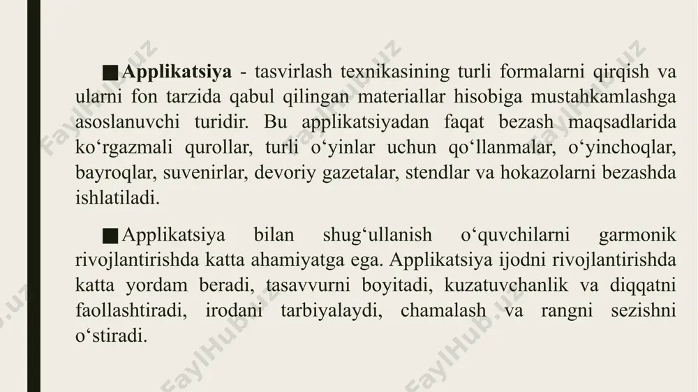 elementlar miqdori qog‘ozni tanlashni belgilaydi. tasvir ustida ishlanganda asosiy e’tibor tanlangan mavzuning mazmuniga, kerakli materiallar, ularning o‘lchamlari, ranglarini tanlashga qaratiladi. tasvir hajmiga ko‘ra eng katta element asosiy tematik element bo‘lishi kerak. namuna tariqasida 1-sinf o'quvchilari 8-mart uchun tabriknoma yasashlari mumkin. bu ishda bolalar andoza bilan ishlaydilar, taxlash va simmetrik qirqishni eslaydilar, chamalash ko‘nikmalarini sinaydilar va rangli qog‘ozdan ingichka oq va sariq to‘g‘ri chiziqlarni qirqadilar. quyosh uchun kvadrat qog‘ozdan doira qirqsa bo‘ladi. bolalar yasagan gullar turlicha bo‘lishi mumkin. novdalar ham qo‘lda qirqiladi. suhbatni o’qituvchi “8-mart kuni” haqida olib boradi va bunda sovg‘a masalasini eslatib o'tadi. eng yaxshi sovg‘a o‘z qo‘li bilan yasagan sovg‘adir. suhbat mehribon buvijonlarimiz, onajonlarimiz opa-singillarimiz haqida bo‘lishi mumkin. shundan keyin namuna ko‘rib chiqiladi, uning elementlari, ish usullari, kerakli materiallar aniqlanadi va ishning borishi belgilanadi. 1. tabriknoma uchun rangli qog‘oz tayyorlanib, u ikkiga buklanadi; 2. ko‘k rangdagi qog‘ozga to‘g‘ri burchak chiziladi, uning o‘lchami uzunasiga, tabriknoma ustining uzunligidan 1 sm …