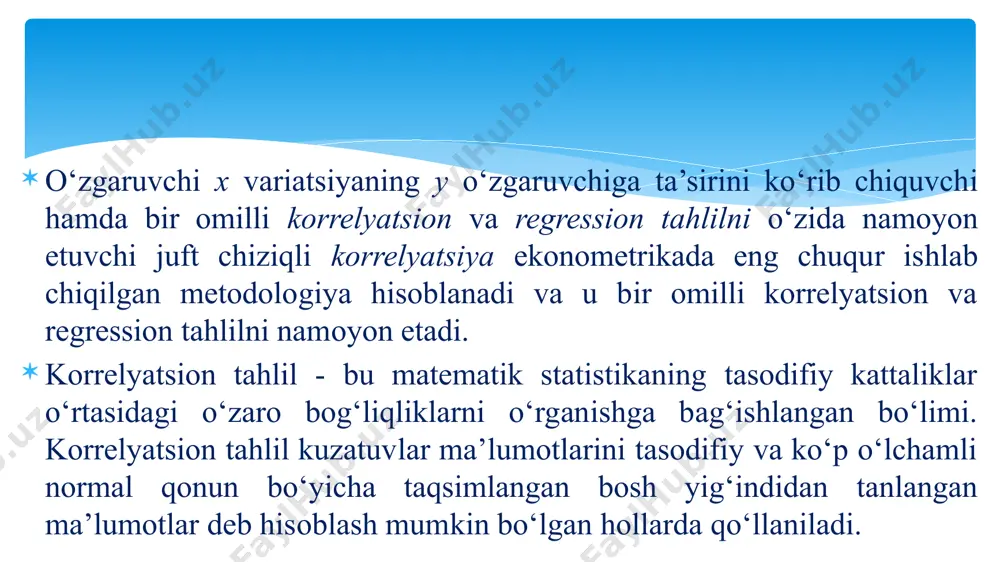 ayotgan ko‘rsatkuichlar birliklarining bir-biridan farq qilishi tufayli parametrdan omilning natijaviy omil belgiga ta’sirini bevosita baholash uchun foydalanib bo‘lmaydi. ushbu maqsadlarda elastiklik koeffitsiyenti va beta-koeffisiyent hisoblab chiqiladi. tuman oziq ovqat tovarlariga qilingan sarf, umumiy sarfga nisbatan, %, y bitta ishlovchining kunlik ish haqi, ming so'm, x andijon 68,8 45,1 baliqchi 61,2 59,0 asaka 59,9 57,2 shaxrixon 56,7 61,8 paxtaobod 55,0 58,8 bo'z 54,3 47,2 ulig'nor 49,3 55,2 misol. y x yx x2 y2 1 68,8 45,1 3102,88 2034,01 4733,44 2 61,2 59,0 3610,80 3481,00 3745,44 3 59,9 57,2 3426,28 3271,84 3588,01 4 56,7 61,8 3504,06 3819,24 3214,89 5 55,0 58,8 3234,00 3457,44 3025,00 6 54,3 47,2 2562,96 2227,84 2948,49 7 49,3 55,2 2721,36 3047,04 2430,49 jami 405,2 384,3 22162,34 21338,41 23685,76 o'rtacha qiymat 57,89 54,90 3166,05 3048,34 3383,68 -chiziqli regressiya tenglamasi demak bitta ishlovchining kunlik ish haqi 1% ga oshganda umumiy sarfga nisbatan oziq ovqat tovarlariga qilingan sarf 0,33% ga kamayadi. …