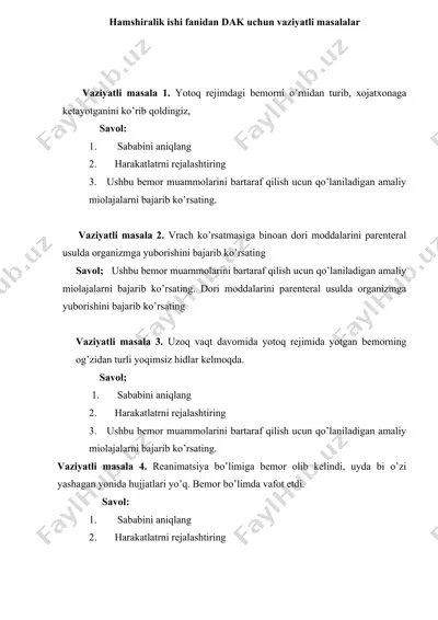 hamshiralik ishi fanidan dak uchun vaziyatli masalalar — DOCX
