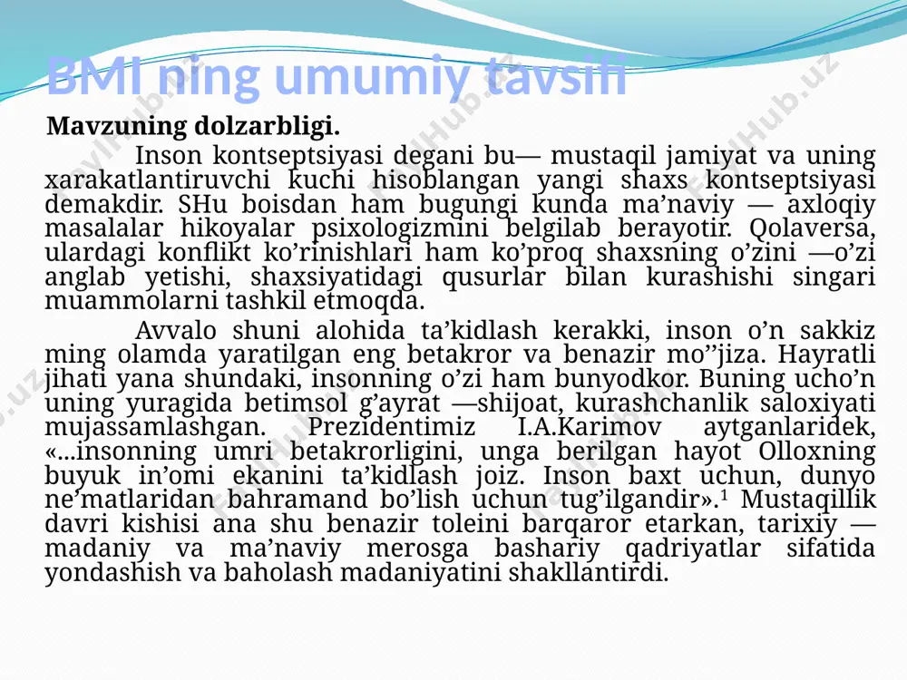 shunish, shu bilan barobar mustaqil mamlakatning erkin fuqarolari madaniy — ma’naviy sharoitlarini ko’z —ko’z etish, olamga tanitish imkoniyatlariga ham ega bo’ldi. bugungi kunda adabiyotimizning barcha tur va janrlarida kuzatilayotganidek, hikoyachilikda xam sifatiy o’zgarishlar va yangilanish jarayoni kechmoqda. bu narsa birinchi galda qahramonlarning ma’naviy— intellektual faoliyatida namoyon bo’layotir. chunki bugungi kunda dunyoqarashlar o’zgarib, ularga bo’lgan munosabatlar ham bashariy miqyoslar kasb etmoqda. vatanparvarlik, millatparvarlik, insonparvarlik xususiyatlari bugungi shaxs faoliyatining o’zak asosiga aylanib, jamiyat asoslarini, buguni va kelajagini ezgulik va go’zallik qonuniyatlari asosida yangilash, o’zgartirish shaxs ijtimoiy — ma’naviy faoliyatining bosh masalasi bo’lib qoldi. mavzuning o’rganilish darajasi. inson kontseptsiyasi badiiy asarning barcha unsurlarini o’z atrofiga birlashtirib, yaxlit bir markazga mujassamlashtirgan o’q ildiz hisoblanadi. shu boisdan ham u adabiyotshunoslik ilmining doimiy diqqat markazidadir. bu borada rus, ukrain, arman, litva, yoqut va boshqa xalqlar adabiyotshunosligida bir qator ilmiy tadqiqotlar yaratilgan. o’zbek adabiyotshunosligida ham so’nggi yillar hikoyachiligi bo’yicha olib borilgan tadqiqotlarning ko’lami, miqyosi, ilmiy — nazariy …