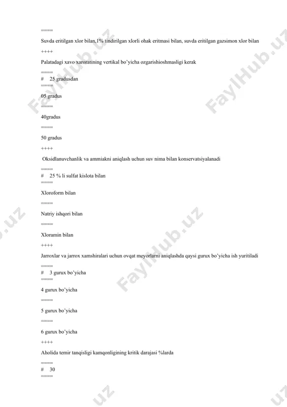 i tarozi ==== afa yoki fpp filtrlari,allonj va reometr bilan aspirator,probkali tarozi ==== afa yoki fpp filtrlari,allonj va reometr bilan aspirator,aktinometrik tarozi ++++ oqilona ovqatlanish ahamiyatga ega ==== # aholi salomatligining barcha ko’rsatkichlari uchun ==== surunkali kasalliklar bilan kasallanish darajasi uchun ==== yuqumli bo’lmagan kasallanish darajasi uchun ==== jismoniy rivojlanish uchun patalogiyalari uchun ++++ aholi yashash punktida dpm joylashtirishdagi 3 asosiy shartni korsating ==== # aholi yashash punktiga nisbatan shamol esadigan tarafga, shovqin va havoni ifloslantiruvchi manbalarga uzoqlashtirish, qulay er uchastkasi ==== atmosferaning ifloslanganligining dpm mumkin bolgan tasiri, shovqin va havoni ifloslantiruvchi manbalarga uzoqlashtirish, qulay er uchastkasi ==== shovqin va havoni ifloslantiruvchi manbalarga uzoqlashtirish, qulay er uchastkasi universal qurilish materiallaridan foydalanish ==== dokonlarning yaqinligi, shovqin va havoni ifloslantiruvchi manbalarga uzoqlashtirish, qulay er uchastkasi ++++ o’zbekiston aholisini ichimlik suvi bilan taminlashdagi asosiy muammolarni korsating ==== # aholini etarlicha ichimlik suvi bilan taminlanmaganligi, suv manbalarining tanqisligi, manbalarning ifloslanganligi ==== vodoprovod suvi bilan …