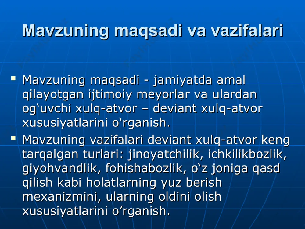 r yig’indisi; tabu, ijtimoiy me’orning eng qat’iy shakli bo’lib, uni buzish jamiyatning mutlaq ko’pchilik a’zolari tomonidan qabul qilinmaydigan, ba’zan ruhiy kasallik sifatida baholanadigan xulq-atvor me’yor: maqsadni belgilab olish va belgilangan maqsadlarga o’zgartirish kiritishga ko’maklashadi; ijobiy maqsadlarga erishishning mavjud sharoitlardagi optimal echimlari haqida ma’lumot beradi; sub’ektga oldin ma’lum bo’lmagan xulq-atvor muqobillari to’g’risidagi ma’lumotlarni saqlaydi; turli hayotiy sharoitlarda boshqa shaxslarning (guruhlarning) qo’llashi mumkin bo’lgan (ehtimoliy) xulq-atvori haqida ma’lumot beradi; sub’ektning turli xatti-harakatlarining ehtimoliy oqibatlari (ijobiy yoki salbiy) haquda ma’lumot beradi; xatti-harakatga davlat, jamiyat yoki guruh tomonidan beriladigan bahoga ega bo’ladi; yuzaga kelishi mumkin bo’lgan mas’uliyat, uning tavsifi, o’lchamlari va yuz berish ehtimoli haqida ma’lumot beradi. me’yorlarni tartibga solish usullari: ijtimoiy me’yorlarning barcha turlariga tartibga solishning uchta usullari: ruxsat berish, ko’rsatma va ta’qiq xos bo’lib, bular huquqda yaqqolroq ko’zga tashlanadi. ruxsat berish – ta’qiqlanmagan, jamiyat tomonidan ko’pincha ma’qullanadigan, biroq majburiy bo’lmagan xulq-atvor muqobillariga ko’rsatma. ruxsat berilgan harakatlar me’yoriy tizimga mos ravishda ijobiy yoki …