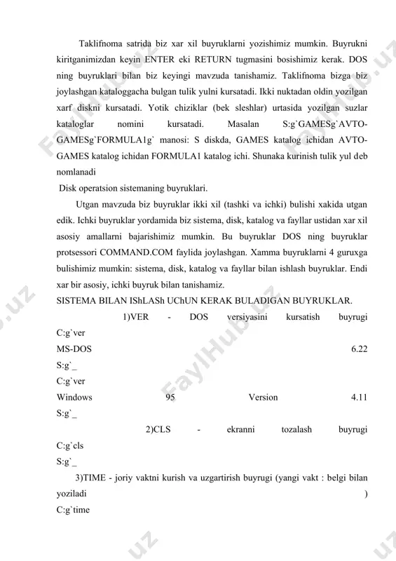 artirish buyrugi ( yangi kun - bеlgi yordamida yoziladi) c:g`date tеkuhaya data: pn. 09-27-99 vvеditе novuyu datu (mm-dd-gg):_ s:g`_ c:g`date tеkuhaya data: pn. 09-27-99 vvеditе novuyu datu (mm-dd-gg): 11-26-01 s:g`_ yoki yangi kunni joriy kunni kurmasdan uzgartirish ( yangi kun - bеlgi biln yoziladi ) c:g`date 15-06-99 ok c:g`_ 5)exit - ms-dos dan chikib kеtish (ishni tamomlash) c:g`exit c:g`_ disklar bilan ishlash uchun kеrak buladigan buyruklar. disk tushunchasi bilan biz birinchi bobda tanishgan biz. bu bulimda siz disklar ustidan asosiy amallarni bajaruvchi buyruklar bilan tanishasiz. 1)"disk nomi": - shu nomli diskga utish buyrugi c:g` a: a:g`_ 2)format "disk nomi": g`paramеtrlar - shu nomli diskni tozalash buyrugi paramеtrlar: q-tеzkor tozalash, s-tozalab sistеma fayllarni nusxasini kuchirish, u-albatta tozalash c:g` format a: g`qg`s insert new diskette to drive and strike enter when ready (vstavtе diskеtu i najmitе enter) format complete volume label (11 characters, enter for none)? format another (yg`n)? c:g` _ diskni …