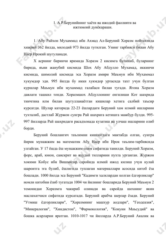 " ва бошка асарларни яратган. 1010-1017 чи йилларда а.р.беруний акалик ва узунлик жугрофик нукталарни хисоблаб чикди. 1016 йилда "куёш харакатини аниклаш йули" деган китобни ёзиб тугатди. "маъмун академия"си беруний учун фан чуккиларини забт этишга ёрдам берди. 1029-1034 йилларда булмиш-рахонга атаб "китоб ат тавхим" , яъни "фалаккиёт санъати" мукадиммасии тушинтириш китоби асарини 1048 йил охирида "китоб ас-сайдони" сингари асарларини яратди. ал-беруний 150 дан ортик ноёб дурдона китоблар ёзиб колдирди. шулардан бизгача 30 дан ортик китоби етиб келган. беруний энг сунгги нафасигача дунё сирларини очиш билан бирга инсоният яратган билимларни урганиш, умумлаштириш ва баён этишга уз кмрини сарфлаган, беруний умрининг сунгги кунларида бундай деб ёзган эди: "биргина нарса учун узокрок яшашим керак эди, у хам булса кулимдаги нотамом асарларни тамомлаш ва окка кучирмай колганларни кучириш эди". аммо, дахшатли улим, рахмсиз ажал буюк олимнинг максадига етишишга имкон бермади. у 2 декабр 1048 йилда 75 ёшида газна шахрида вафот этди. берунийда халкпарварлик, ватанпарварлик, исчил …