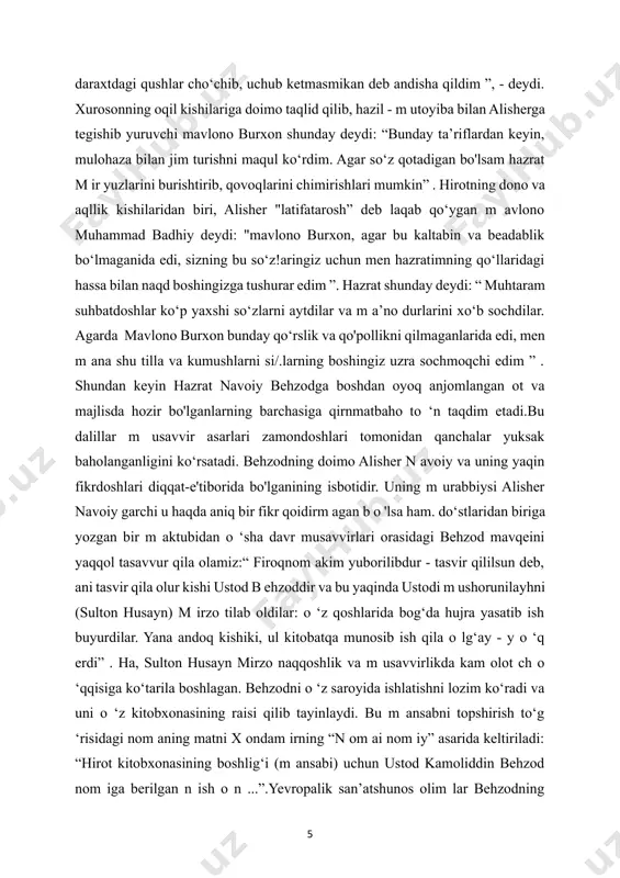 ‘da hujra yasatib ish buyurdilar. yana andoq kishiki, ul kitobatqa munosib ish qila o lg‘ay - y o ‘q erdi” . ha, sulton husayn mirzo naqqoshlik va m usavvirlikda kam olot ch o ‘qqisiga ko‘tarila boshlagan. behzodni o ‘z saroyida ishlatishni lozim ko‘radi va uni o ‘z kitobxonasining raisi qilib tayinlaydi. bu m ansabni topshirish to‘g ‘risidagi nom aning matni x ondam irning “n om ai nom iy” asarida keltiriladi: “hirot kitobxonasining boshlig‘i (m ansabi) uchun ustod kamoliddin behzod nom iga berilgan n ish o n ...”.yevropalik san’atshunos olim lar behzodning sharofiddin ali yazdiy (vafoti 1454) “zafarnom a”siga chizgan suratlariga yuqori baho beradilar. bu asardan 1467-yili sulton husayn m irzo xazinasi uchun sherali xattot nasta’liq yozuvida nusxa ko‘chiradi. har biri ikki sahifali oltita q o ‘shaioq suratlarda 1490-yil ko‘rsatilgan. q o‘lyozm ada jam i bo‘lib 12 ta tasvir bor. demak, uni xv asrning 90-yillarida tasvir qilingan deyish mumkin. q o'lyozm …