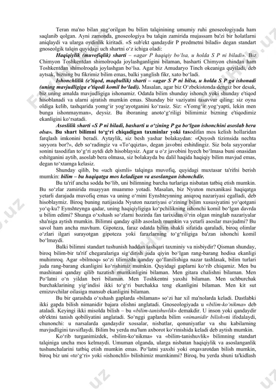 qamrab olib, unda biron-bir tafsilotni nazardan qochirmaslikka harakat qiladi. demak gnoseologiya falsafaning eng muhim omilidir. optimizm. skeptitsizm. agnostitsizm. bilish jarayoni rivojlanish qonuniyatlarining shakllari, haqiqatning tagiga yetish imkoniyatlari nuqtai nazaridan o‘rganiladi. uning har xil modellari, yondashuvlari mavjud. materialistik modellar zamirida dunyoning inson ongida aks etish tamoyillari: demokritda – obrazlar (eydoslar), yangi davr faylasuflarida – sensor signallari, berklida – sub'ektning sezgilari yotadi. leybnits bilishni ilohiylashtirilgan g‘oyaning inson tug‘ma tushunchalariga ta'siri deb hisoblagan. gegel taklif qilgan modelning zamirida mutlaq g‘oyani anglash yotadi. max, avenarius va boshqa sub'ektiv idealistlarda (xix asr oxiri – xx asr boshlari) bilish jarayoni – bu sezgilarning bo‘sh va tejamli aloqasini amalga oshirishdir. inson aqli bilish pillapoyasidan yuqoriga ko‘tarilar ekan, har bir yangi pog‘onada qayta-qayta quyidagi savolga javob topishga harakat qiladi: dunyoni bilish mumkinmi?, bilishning chegaralari bormi? falsafada bu savollarga javob beruvchi uch asosiy yo‘nalishni farqlash mumkin: optimizm, skeptitsizm va agnostitsizm (kant va boshqalar). optimistlardunyoni bilish mumkinligini ta'kidlaydilar,agnostiklar,aksincha, buni rad …