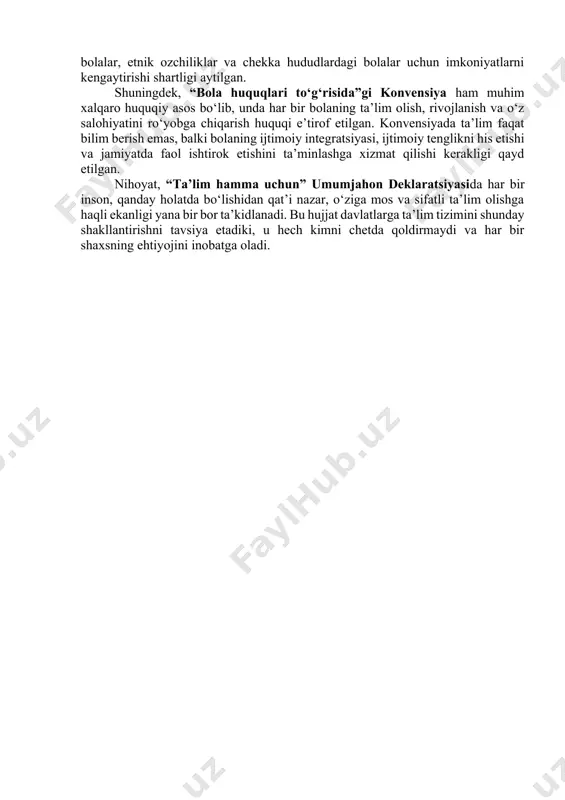 o‘qitishni nazarda tutadi. mazkur konvensiyaga qo‘shimcha tarzda ishlab chiqilgan bmtning osiyo va okeaniya mamlakatlari uchun nogironlar huquqlarini muhofaza qilish chora-tadbirlari dasturi ushbu mintaqadagi davlatlarga nogironlik masalasida siyosiy, ijtimoiy va huquqiy yondashuvlarni uyg‘unlashtirishni tavsiya qiladi. dasturning asosiy maqsadi — nogiron shaxslarning jamiyatdagi to‘laqonli ishtirokini ta’minlash, ularni inklyuziv muhitga moslashtirish, shuningdek, jismoniy muhit va ta’lim tizimlarida mavjud to‘siqlarni bartaraf etishdan iborat. inklyuzivlik prinsipini xalqaro darajada mustahkamlab bergan yana bir huquqiy asos bu — nogironlar uchun teng imkoniyatlarni ta’minlash bo‘yicha bmtning standart qoidalaridir. ushbu qoidalarda nogiron shaxslarning ta’lim, sog‘liqni saqlash, transport, axborotga erkin kirish kabi barcha sohalarda teng imkoniyatlar asosida yashashi uchun davlatlar zimmasiga aniq majburiyatlar yuklatiladi. ayniqsa, ta’lim tizimida moslashtirilgan o‘quv dasturlari, maxsus texnologiyalar va metodikalardan foydalanish orqali bunday shaxslarning o‘z salohiyatini to‘liq ro‘yobga chiqarishiga zamin yaratish zarurligi ta’kidlangan. 1994-yilda ispaniyaning salamanka shahrida bo‘lib o‘tgan xalqaro anjumanda qabul qilingan “ta’lim hamma uchun” salamanka bayonoti inklyuziv ta’lim falsafasining g‘oyaviy-asosiy hujjatlaridan biri sifatida e’tirof …
