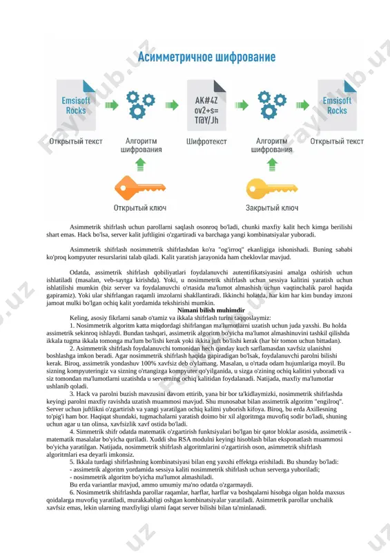 yidagicha sodir bo'ladi: 1. ma'lum bir matematik shifrlash algoritmi mavjud. 2. matn va parol uning kiritilishiga yuboriladi. 3. chiqish paytida biz shifrlangan matnni olamiz. 4. agar asl matnni olishni istasak, xuddi shu parol ishlatiladi, lekin parol hal qilish algoritmi bilan. oddiy qilib aytganda, kimdir bizning parolimizni bilib qolsa, darhol kriptosistemaning xavfsizligi buziladi. shuning uchun biz nosimmetrik shifrlash yondashuvlaridan foydalanib, parolni yaratish va maxfiyligini saqlash masalalariga alohida e'tibor qaratishimiz kerak. bu murakkab bo'lishi kerak, bu qiymatlarni dasturiy ro'yxatlash bo'yicha tanlovni istisno qiladi. va uni tarmoq orqali ham, jismoniy ommaviy axborot vositalarida ham hech kimga berilmasligi kerak. shubhasiz, monitorga biriktirilgan qog'oz parchasi eng yaxshi variant emas)). ammo, agar bizning maxfiy kombinatsiyamiz jamoadan foydalansa, biz uni xavfsiz tarqatilishini ta'minlashimiz kerak. ogohlantirish tizimi ham foydali bo'ladi, agar u shifr topilsa ishlaydi, ma'lumotlar qochqin bo'lib qoladi. o'zining cheklanganligi va xavfsizlik xavfiga qaramay, yondashuv kriptografiyada hali ham keng tarqalgan. haqiqat shundaki, u bilan ishlash va tushunish …