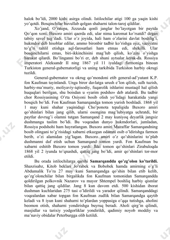 lari bilan sayramda qo’shilib, 1864 yil 14 sentyabrda chimkentga yangidan yurish uyushtirdi va shaharni bosib oldi. chernyaev 1864 yil 2 oktyabr kuni toshkentga hujum boshladi. toshkent qo’qon xonligining eng yirik, muhim strategik ahamiyatga molik shahari bo’lib, uzunligi 25 chaqirim, eni 2-3 metr, balandligi 5-7- metr bo’lgan devor bilan o’rab olingan edi. devor tepasining kengligi 2 m. bo’lib, mudofaa minoralari, o’q otadigan shinaklari bo’lgan, devor atrofi suv to’ldirilgan zovur bilan o’rab olingan edi. toshkent mudofaachilarining mardona harakati tufayli chernyaev qattiq mag’lubiyatga uchradi, 72 zobit va askarni yo’qotdi. chimkentga qaytishga majbur bo’ldi. chernyaev 1864-1865 yil qishini tayyorgarlik bilan o’tkazdi, uning qo’shinlari sibir va orenburgdan etib kelgan qurol-yarog’, yangi batalonlar, sapyorlar rotalari bilan to’ldirildi. mahalliy aholi orasida o’z vataniga xiyonat qiluvchi, dushmandan panoh izlovchilar ham topildi. abdurahmonbek, saidazimboy, soatboy kabi sotqinlar toshkentni egallashda chernyaevga ko’maklashdilar. 1865 yil bahoridan chernyaevning yangi hujumi boshlandi. 28 aprel kuni chirchiq daryosi qirg’og’idagi niyozbek qal’asini egallab, toshkentni suv …