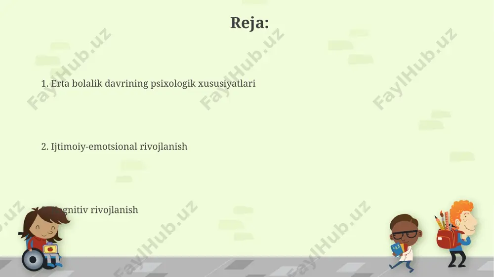 k davri psixikasi xususiyatlari 3-4 yoshlik bolalarda oʻz-oʻzini anglash shakllana boshlaydi, ular oʻz ismlarini va jinsiga oid farqlarni tushunib, masalan, toshkentdagi bolalar bogʻchasida oʻtkazilgan kuzatishlar shuni koʻrsatdi. erta bolalik davrida (taxminan 5 yoshda) bolaning fikrlash jarayoni konkret-tasviriy xususiyatga ega, 10 ta predmetni guruhlashda qiynalishi mumkin, bu esa ularning kognitiv rivojlanishining boshlangʻich bosqichini koʻrsatadi. xotira va e’tibor эрта болалик давридаги хотиранинг ривожланиши 2 ёшдан бошлаб сезиларли даражада юқорилайди. масалан, 4 ёшли бола 7-10 та расмни эслай олади, лекин бу рангли расмлар бўлиши керак. 3-5 ёшли болаларнинг эътибори 15-20 дақиқа давом этади, бу вақтдан кейин уларнинг диққат-эътибори тарқаб кетади ва уларнинг фаолияти самарасиз бўлади. бу, айниқса, тошкент шаҳридаги боғчаларда кузатилади. erta bolalik davri injiqliklari bolaning 5-6 yoshgacha bo'lgan davridagi injiqliklari, ko'pincha, e'tibor etishmasligi va muloqot qilish qiyinchiliklaridan kelib chiqadi, toshkentdagi psixologlarning kuzatishlariga ko'ra, 70% dan ortiq hollarda bu holat ota-onalarning noto'g'ri tarbiyasi bilan bog'liq. erta bolalik davrida, taxminan 2-3 yoshda, injiqliklarning eng …