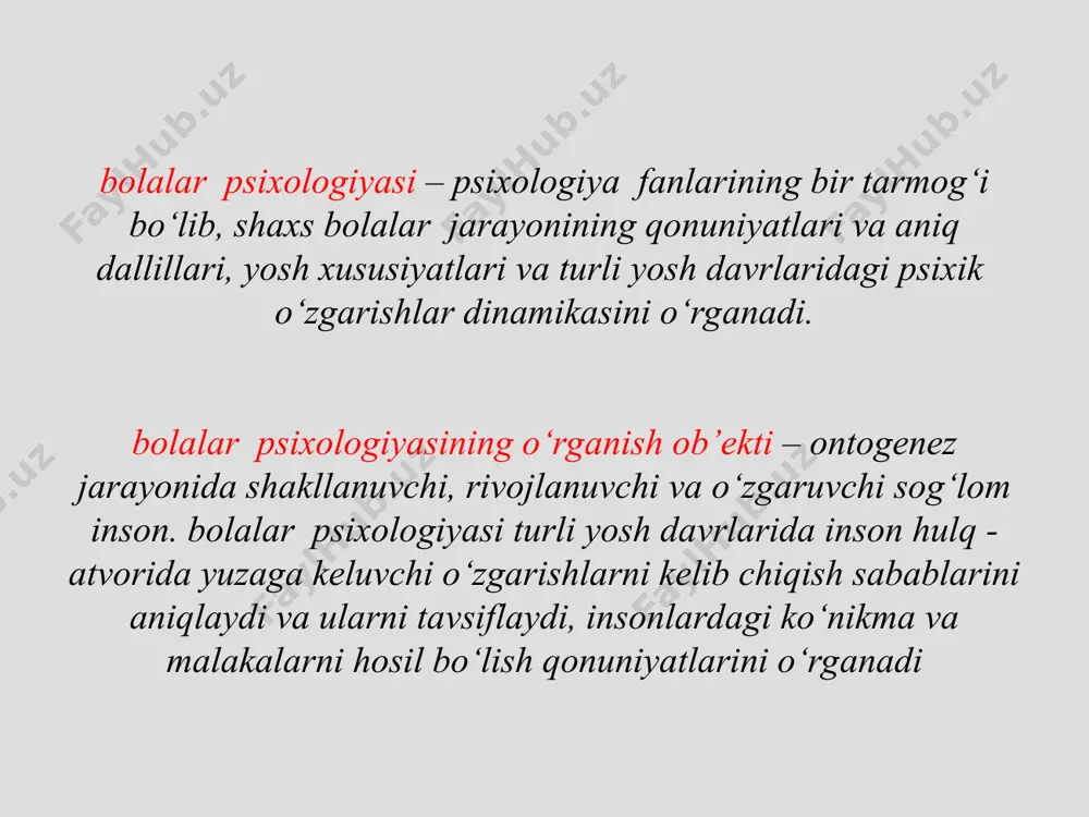 atlarni uzoq vaqt davomida, rejali,biror maqsad asosida o’rganish. bolalar psixologiyasida bu metodning ob’ektiv va sub’ektiv kuzatish turlari bor. inson psixikasidagi o’zgarishlarni kuzatish uchun quyidagilar amalga oshiriladi: kuzatishning maqsadi, vazifasi belgilanadi kuzatiladigan ob’ekt tanlanadi sinaluvchining yoshi, jinsi aniqlanadi tadqiqot o’tkazish vaqti rejalashtiriladi kuzatish qancha davom etishi qat’iylashtiriladi kuzatish insonning qaysi faoliyatida ( o’yin, o’qish, mehnat, sportda) amalga oshirilishi tavsiya qilinadi kuzatishning shakli ( yakka, guruh, jamoa bilan o’tkazilishi ) tayinlanadi kuzatilganlarni qayd qilib borish vositalari ( kundalik, kuzatish varaqasi va boshqalar) taxt qilinadi * eksperiment metodi- tabiiy va labaratoriya eksperimenti turlariga bo’linadi. tabiiy eksperiment- ( birinchi marta 1910 yilda a.f.lazurskiy taklif etgan) mo’ljallanganiga ko’ra, eksperiment o’tkazilayotganini biladigan sinaluvchida hosil bo’ladigan zo’riqishga yo’l qo’ymasligi va tadqiqotni odatdagi, tabiiy sharoitlarga ( dars, suhbat, o’yin, uy vazifalarini bajarish va boshqalar) ko’chirishi lozim. masalan, materialni yodlashning samaradorligi uni uzoq vaqt xotirada saqlab qolish to’g’risidagi ko’rsatmaga bog’liqligini tadqiq qilish tabiiy eksperimentga misol bo’la oladi. labaratoriya eksperiment- …