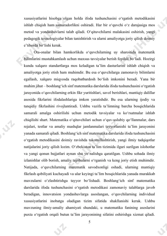 i oshirishga xizmat qiladi. ifoda tushunchasini o‘rgatish metodikasini yanada chuqur o‘rganish, takomillashtirish va amaliyotga tatbiq etish istiqboldagi pedagogik ishlarning eng muhim yo‘nalishlaridan biri bo‘lib qoladi. kurs ishining maqsadi. boshlang‘ich sinf matematika darslarida ifoda tushunchasini o‘quvchilarga samarali va tizimli ravishda o‘rgatish metodikasini o‘rganish, aniqlash va takomillashtirishdir. o‘quvchilarning matematik fikrlash qobiliyatini rivojlantirishga xizmat qiluvchi zamonaviy pedagogik usullarni tadbiq etish, ifoda tushunchasini o‘zlashtirishdagi qiyinchiliklarni aniqlash hamda ularni bartaraf etish yo‘llarini izlash ham maqsad qilinadi. kurs ishida o‘qituvchilarga amaliy yordam beruvchi dars rejalari, metodik tavsiyalar va samarali ta’lim vositalarini ishlab chiqish ko‘zda tutilgan. shu bilan birga, ta’lim sifatini oshirish va boshlang‘ich sinf matematika darslarining samaradorligini oshirishga qaratilgan ilmiy asos yaratish ham maqsadlar qatoridan o‘rin oladi. kurs ishining vazifalari: · ifoda tushunchasi va uning boshlang‘ich sinf matematika darslaridagi o‘rni haqida nazariy ma’lumotlarni o‘rganish va tahlil qilish. · boshlang‘ich sinf o‘quvchilarida ifoda tushunchasini shakllantirishda qo‘llanilayotgan an’anaviy va zamonaviy metodlarni aniqlash va taqqoslash. · ifoda tushunchasini o‘rgatish …