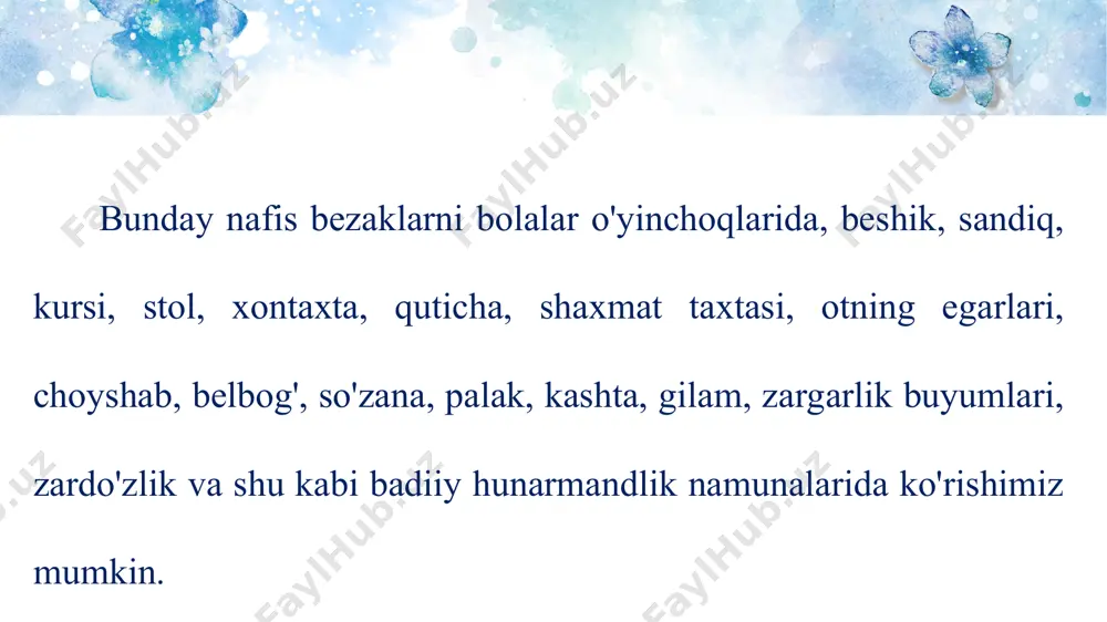 shlar tushiriladigan mato to'q rangda bo'lishini unutmang. ko'p hollarda qora mato tanlanadi. shuning uchun bu vazifani guash bo'yog'ida bajargan ma'qul. * qiz bolalar zardo'zlik namunasi uchun kompozitsiya tuzib, uni mustaqil tarzda tikishlari mumkin. u kichkina to'n, qiyiq, do'ppi kabi uncha murakkab bo‘lmagan buyumlar bo'lishi maqsadga muvofiqdir. yodingizda tuting, zardo'zlik buyumlari sifatli, qalin matolarga tikiladi. odatda, baxmal, velyur kabi materiallar tanlanadi. *