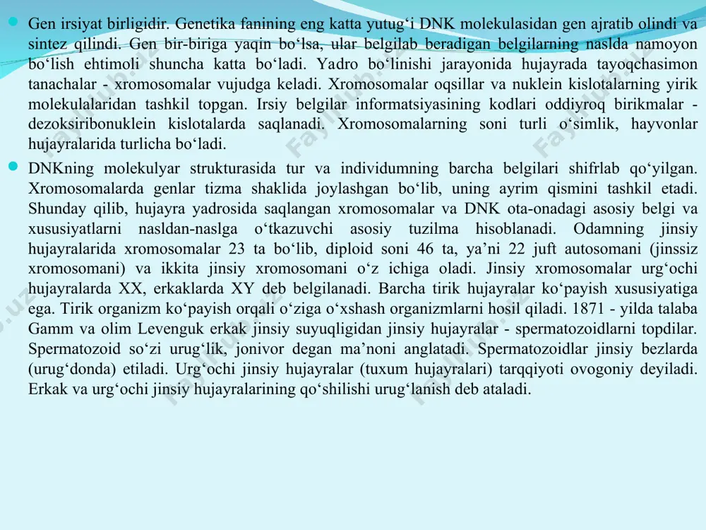 iga qarab belgilanadi. bu xabarning kodi dnk da dnk tarkibiga kiruvchi nukleotid molekulalar genetic kod aniqlovchi 4 asos ichiga kiradi. barcha tirik mavjudotlar uchun kod bir xil. 4 asos genning osha yoki boshqa ekanligini aniqlab xabar beradi. bu xabar yuzlab oqsil molekulalari hosil bo‘lishida ma’nosi triplet va kodon deb nomlanuvchi bitta yaxlit xabar so‘zini tashkil etadi .bu birikma oqsillarda mavjud 20 ta aminokislotani tashkil etadi. genlar, xromosomalar va genomlar. genetika irsiyat to‘grisidagi fan hisoblanadi. bu genlarning tuzilishi va vazifalari bilan bog‘liq. barcha tirik mavjudotlarning hujayralari o‘z funksiyasiga egadir. shuning uchun ham programma ham mavjudir. bu jarayon yoki programma hujayra bo‘linishida muhim. bu genetic programma individual xabarlar yani genlar, genetic xarakterlar va uning asosiy vazifalari bilan bogliq. barcha genlar jami bu genom odam taxminan 30000-40000 gendan iborat. genlar xromosomalarda o‘zining shaxsiy tuzulishiga ega. ularning eng kichkina genetic vazifani bajaradi. ular kichik mayda 1000-10000 juft 300-3000 triplet xromosomadan iborat, ammo asosiysi 23 …