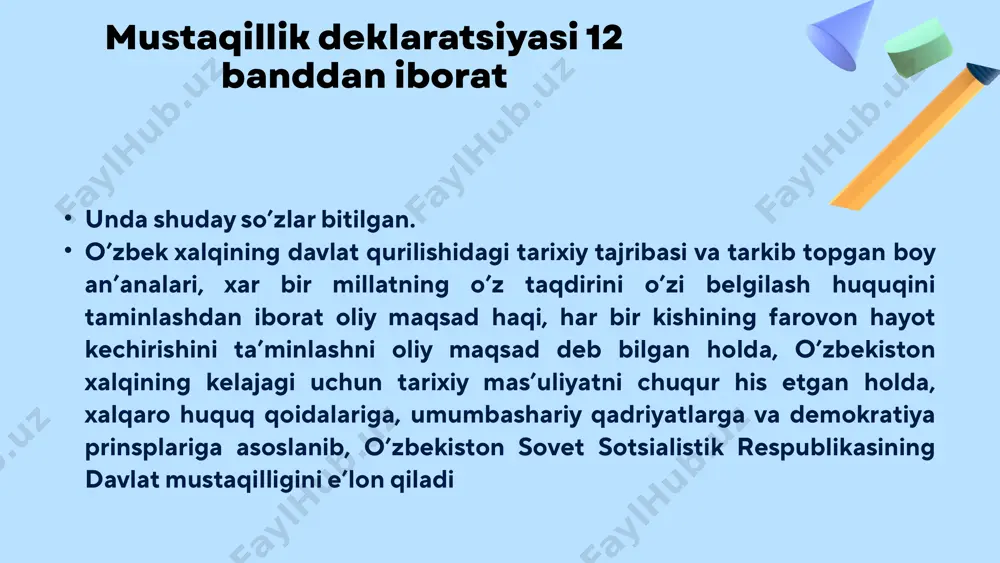 parchalanib ketgan. “yillar o‘tishi bilan, oldimizga qo‘ygan buyuk maqsadlar sari yurishimizda chuqur va atroflicha o‘ylangan, xalqaro maydonda “o‘zbek modeli” deb tan olingan demokratik islohotlar yo‘li naqadar to‘g‘ri ekanini hayotimizning o‘zi oqlab, isbotlab bermoqda va bu haqiqatga bizga xayrixoh bo‘lmagan mutaxassis va ekspertlar, tegishli xalqaro institutlar ham iqror bo‘lmoqda”. �o’zbekiston respublikasi birinchi prezidenti islom karimov foydalanilgan adabiyotlar 1.karimov i. tarixiy xotirasiz kelajak yo`q. toshkent, 1998 2.eshov b. , odilov а. o’zbekiston tarixi. 1-jild, darslir,-т.:yangi asr avlodi. 2014. 3.usmonov q. o’zbekiston tarixi. т. 2015. 4.shirinova f., ziyaeva d. o’zbekiston tarixi. o’quv qullanma. i qism т. 2015. 5.shirinova f., ziyaeva d. o’zbekiston tarixi. o’quv qullanma. ii qism т. 2015. 6.oblomurodov n.x va boshqalar. o’zbekiston tarixi. o’quv qo’llanma. t. 2011. image9.png image10.png image11.png image1.png image2.png image3.png image4.png image5.png image6.png image7.png image8.png image12.png image13.png image14.png image15.png image16.png image17.png image18.png image19.png image20.png image21.png image22.png image23.png image24.png image25.png image26.png image27.png image28.png /docprops/thumbnail.jpeg