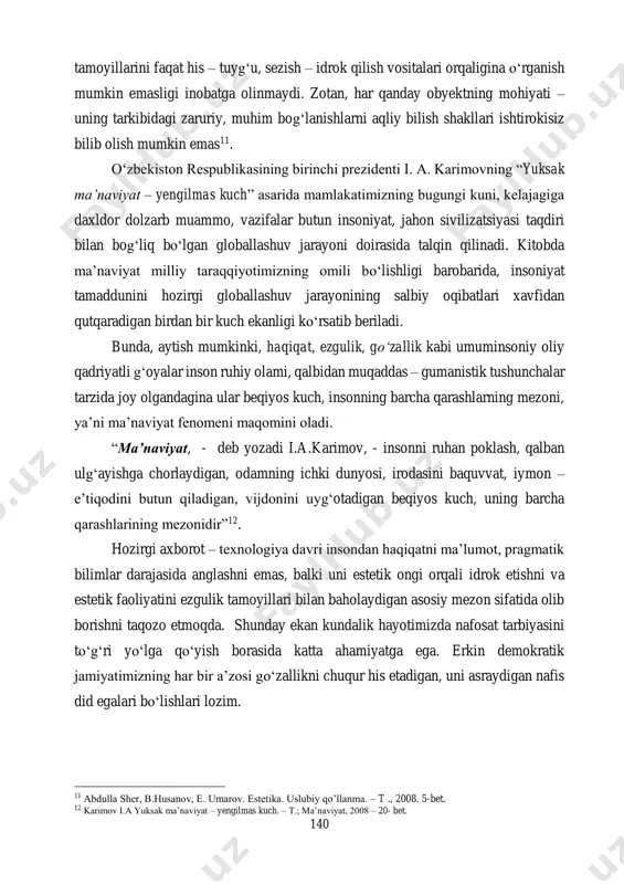 etik faoliyatini ezgulik tamoyillari bilan baholaydigan asosiy mezon sifatida olib borishni taqozo etmoqda. shunday ekan kundalik hayotimizda nafosat tarbiyasini to‘g‘ri yo‘lga qo‘yish borasida katta ahamiyatga ega. erkin demokratik jamiyatimizning har bir a’zosi go‘zallikni chuqur his etadigan, uni asraydigan nafis did egalari bo‘lishlari lozim. 11 abdulla sher, b.husanov, e. umarov. estetika. uslubiy qo’llanma. – t ., 2008. 5-bet. 12 karimov i.a yuksak ma’naviyat – yengilmas kuch. – t.; ma’naviyat, 2008 – 20- bet. 141 go‘zallik kategoriyasi. falsafiy – estetik fikr tarixida go‘zallik masalasining talqini. go‘zallik estetika fanidagi asosiy masalalardan biridir. chunki undagi deyarli barcha boshqa muammolar ana shu mezoniy tushuncha mazmuni orqali tahlil qilinadi va anglashiladi. kishilik estetik fikr taraqqiyotiga nazar tashlaydigan bo‘lsak, mazkur masala asosiy bahs mavzularidan biri bo‘lib kelgan va uning qanday hal etilishiga qarab turli falsafiy – diniy qarashlar, ta’limotlar yuzaga kelganligini ko‘ramiz. masalan, quyoshga sig‘ingan qadimgi ajdodlarimiz ayni paytda unga go‘zallik ma’budasi – timsoli sifatida qaraganlar va …