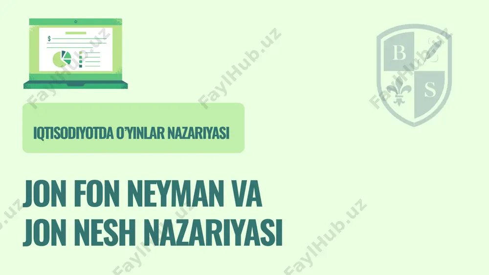 sonlar o‘zaro raqobat va hamkorlik muvozanatini tahlil qila oladilar. xulosa neyman — o‘yinlar nazariyasiga matematik asos berdi. nash — uni haqiqiy iqtisodiy modellar bilan boyitdi. o‘yinlar nazariyasi — raqobat, hamkorlik va muvozanatni tushunishning zamonaviy asosi. image1.png image2.svg image3.png image4.svg image5.png image6.svg image7.png image8.png image9.svg image10.png image11.svg image12.png image13.svg image14.gif image15.png image16.png image17.jpeg image18.png image19.svg image20.png image21.svg image22.png image23.svg image24.png image25.svg image26.png image27.svg image28.png image29.svg /docprops/thumbnail.jpeg
