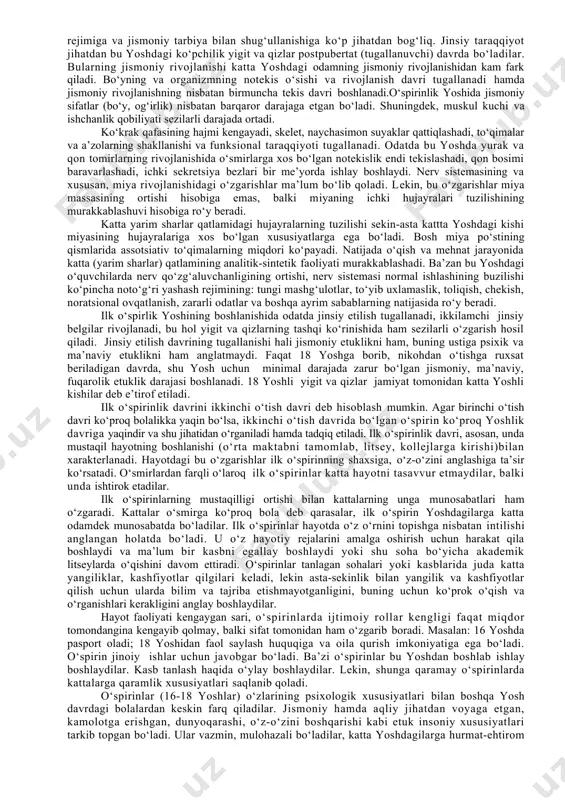 ijtimoiy hayot, o‘qishning yangi xarakteri (mustaqil bilim olish) yigit va qizlarda dunyoqarashning shakllanishiga, ularda mustaqillik va burch hissining tarkib topishiga, bilimning turli sohalarida ularning ijodiy qobiliyatini avj oldirishga katta ta’sir ko‘rsatadi. rus psixologi l.i.bojovich ilk o‘spirinlik davrida shaxs motivatsion sohasining rivojlanishiga urg‘u beradi: o‘quvchilarning hayotda o‘z o‘rnini va ichki pozitsiyasini aniqlashi, dunyoqarashning shakllanishi va uning bilish faoliyatiga, o‘z-o‘zini anglashga va axloqiy ongga ta’siri nazarda tutiladi. ilk o‘spirinlar mustaqil hayot sohasida yaqin istiqbolga ega bo‘lar ekanlar, o‘zlarining hayot yo‘llarini belgilab olishga, bundan buyongi mehnat faoliyatlarining aniq istiqbollarini aniqlab olishga, o‘zlarining kelgusi ixtisoslarini tanlashga intiladilar. shu munosabat bilan kasb-hunarga oid qiziqishlar tarkib topadi va yanada barqarorroq bo‘lib qoladi, yigit va qizlar o‘z kelajaklari haqida jiddiyroq o‘ylay boshlaydilar. ilk o‘spirinlik davridagi jismoniy rivojlanish ustida to‘xtalib o‘tamiz, bu narsa quyidagi sabablarga ko‘ra muhimdir. jismoniy rivojlanishning ayrim xususiyatlari ilk o‘spirin shaxsining ayrim sifatlari rivojlanishiga ma’lum darajada ta’sir ko‘rsatadi va uning bundan keyingi hayot faoliyati sohasidagi …
