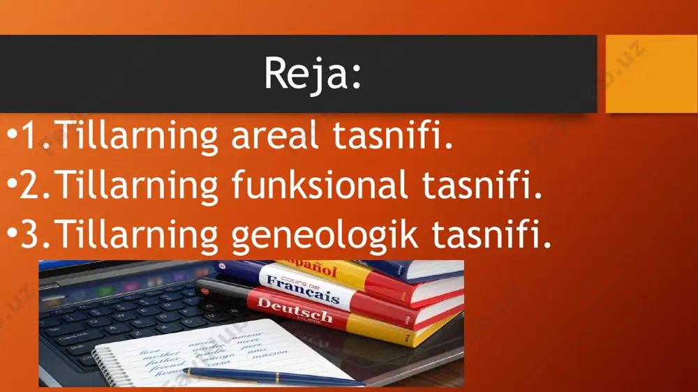 keng tarqalgan, deyarli barcha tillarni qamrab oladi. tadqiqotlar natijasida tarixiy qarindoshlik belgisi asosida til oilalari deb ataluvchi bir necha yirik guruhlarga bo‘linishi mumkin ekanligi aniqlandi. bir oilaga mansub tillar o‘zaro uzoq yoki yaqin “qarindoshlik munosabatlari” bilan bog‘lanadi, bu esa bunday strukturalar, aslida bobo (asos) tilga borib taqalishini ko‘rsatuvchi tillararo umumiy xususiyatlarda, uyg‘unlikda seziladi. shuningdek, geneologik jihatdan turli til oilalariga mansub bo‘lgan tillarda tarixiy genezis asoslari yoki umumiy kelib chiqishini ifodalovchi so‘z va shakllar mavjud emas. № til oilasi til guruhi tillar 1 hind-yevropa hindiston hindiy, urdu, bengal, maratxi, panjob tili, rajastoni, gujarat eron fors, poshtu, dari, kurd, tojik, osetin, baluchi slavyan rus, ukrain, belorus, bulg‘or, serb-xorvat, chex, slovak, polyak, kashub, serboluj; qadimgi slavyan, polab, pomor (o‘lik tillar) boltiq litva tili, latish tili; prus (o‘lik til) german ingliz, nemis, dat, shved, norveg, golland, island; vesgod, ostgot (o‘lik tillar) roman fransuz, italyan, ispan, portugal, rumin, moldavan, provansal, sardin, katalan, reto-roman; latin, osk, …