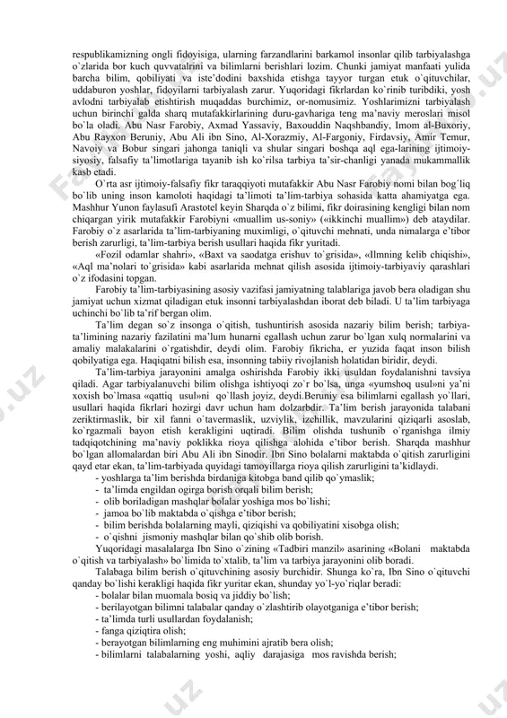 ollarga o`rgatib berganlar. quldorlik davriga kelib, bilimlarni tabaqalashtirish an’anasi paydo bo`ldi. masalan qullarning bolalari ogir ishlarni bajarishga o`rgatiladi. quldorlarning bolalari esa, qullar ustidan xukumronlik qilishiga tayyorlanadi. shu bois ularga saboq berish zaruriyati tug’iladi. bu esa o`qishga, o`rganishga maxsus, shu soxani biladigan odamlarni jalb etishni taqazo qiladi. bu hol maktab va o`qituvchilarga bo`lgan zaruratni keltirib chiqaradi. keyin esa maktablarni rivojlantirish, yangi o`quv yurtlarini barpo etish, jamiyat taraqqiyoti talabiga javob beradigan kadrlarni tayyorlashni turli usul va yo`llarini ko`rib chiqmoqda. pedagogika fanining mazmunini boyitib va rivojlantirib boradigan qator manbalar mavjud maqollarda, ertak va dostonlarda, ashulalarda, udumlarda topishmoqalar tarbiya xaqidagi xalq donishmandligi qamrab olingan. hozirgi zamon fan va texnika taraqqiyoti yuzasidan erkin fikr yurita olishi, fan yutuqlarini o`quvchilarni ham ijodiy fikirlashga tadqiqot ishlariga o`rgata olishni talab qiladi. shuning uchun o`qituvchi avvalo tadqiqotchilik malakasini egallashi zarur. mehnat ta’limi o`qituvchisi ilmiy-tadqiqot ishlarini olib borish bilan birga omillarni to`playdi. tahlil qiladi, ular asosida xulosalar chiqaradi. u fan …