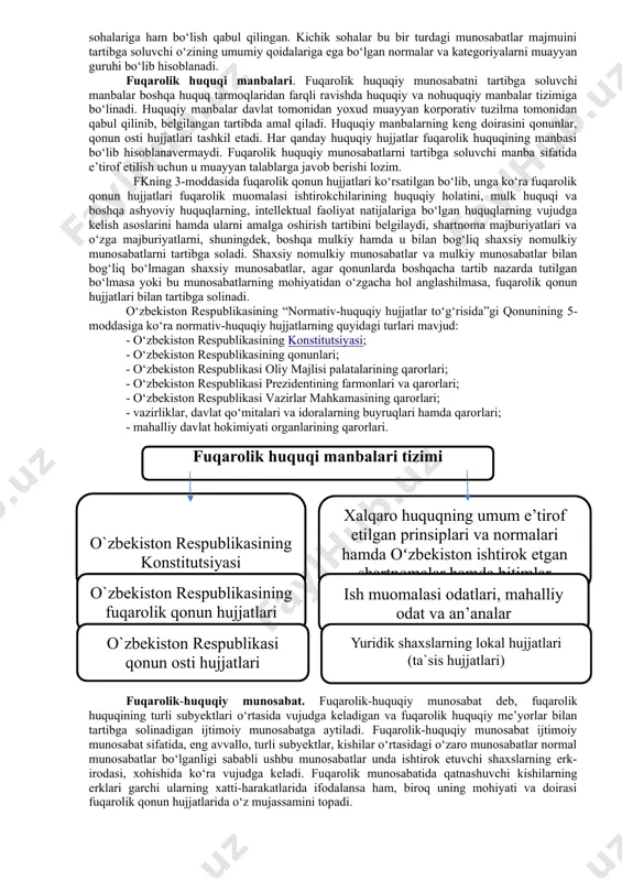 irokchilarini tengligi tamoyili; · mulk dahlsizligi tamoyili; · shartnomalar erkinligi tamoyili; · xususiy ishlarga biron bir kishini o‘zboshimchalik bilan aralashishga yo‘l qo‘yilmasligi tamoyili; · fuqarolik huquqlarini to‘sqinliksiz amalga oshirilishi tamoyili; · buzilgan fuqarolik huquqlarini tiklanishi tamoyili; · fuqarolik huquqlarini sud orqali himoya qilinishini ta’minlash tamoyili; · fuqarolar (jismoniy shaxslar) va yuridik shaxslar o‘z fuqarolik huquqlariga o‘z erklariga muvofiq ega bo‘lishlari va bu huquqlarni o‘z manfaatlarini ko‘zlab amalga oshirishlari tamoyili; · tovarlar, xizmatlar va moliyaviy mablag‘larni o‘zbekiston respublikasi butun hududida erkin harakatlanish tamoyili. fuqarolik huquqining tizimi. fuqarolik huquqi o‘quv fani, huquq tarmog‘i sifatida o‘zining muayyan tizimiga ega. bunda tizim muayyan tarkibiy qismlardan, normalar majmuidan iborat bo‘ladi. fuqarolik huquqi tizimi tarkibiy qismlari o‘rtasida muayyan uzviy bog‘lanish, ketma-ketlik, tartib mavjud. bunday uzviy bog‘lanish tasodifiylik xarakteriga ega emas, balki biri muqarrar ravishda ikkinchisini keltirib chiqaruvchi, ikkinchisi shartligini, mavjudligini taqazo etuvchi uzviy bog‘lanish hisoblanadi. fuqarolik huquqi o‘quv fani tizimi ham fuqarolik kodeksi tizimi kabi qismlarga …
