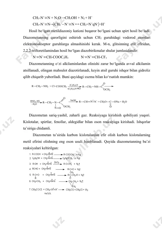 spirt hosil bo‘ladi. diazometanning qarorligini oshirish uchun ch2 guruhidagi vodorod atomlari elektronoakseptor guruhlarga almashinishi kerak. m-n, glitsinning etil efiridan, 2,2.2-triftoretilamindan hosil bo‘lgan diazobirikmalar shular jumlasidandir: n-n+ch-cooc2h5 n-n+ch-cf3 diazometanning o‘zi alkilaminlardan olinishi zarur bo‘lganda avval alkilamin atsillanadi, olingan mahsulot diazotirlanadi, keyin atsil guruhi ishqor bilan gidroliz qilib chiqarib yuboriladi. buni quyidagi sxema bilan ko‘rsatish mumkin: diazometan sariq-yashil, zaharli gaz. reaksiyaga kirishish qobiliyati yuqori. kislotalar, spirtlar, fenollar, aldegidlar bilan oson reaksiyaga kirishadi. ishqorlar ta’siriga chidamli. diazometan ta’sirida karbon kislotalardan efir olish karbon kislotalarning metil efirini olishning eng oson usuli hisoblanadi. quyida diazometanning ba’zi reaksiyalari keltirilgan: agar atsillash reaksiyasida diazometan ortiqcha olinsa, metilen guruhidagi vodorod atsil guruhga almashinadi, ajralib chiqqan vodorod xlorid ortiqcha diazometan bilan metil xlorid hosil qiladi: shunday qilib, diazometandan diazoketon olinadi. bu reaksiya diazometan molekulasidagi vodorodlar harakatchan ekanini ko‘rsatadi. bu diazometanning metalli hosilalarining olinishi bilan ham isbotlanadi: diazometan fotokimyoviy parchalanishga uchratilsa, polimerlanadi: shmits diazometanning izomeri-tsiklik diazometanning sintezini amalga oshirdi: siklik …